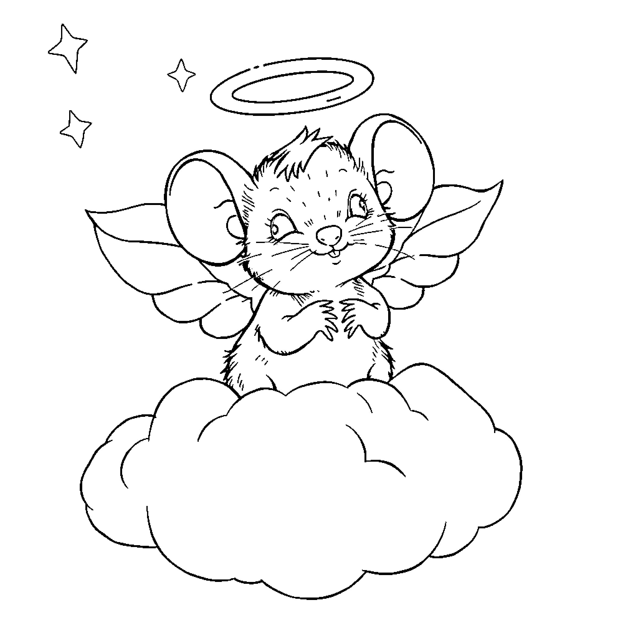 Mouse angel with wings and halo on cloud Coloring Page (free black-and-white line drawing printable PDF for all, from beginners to advanced learners, including children, teens, adults, and seniors)