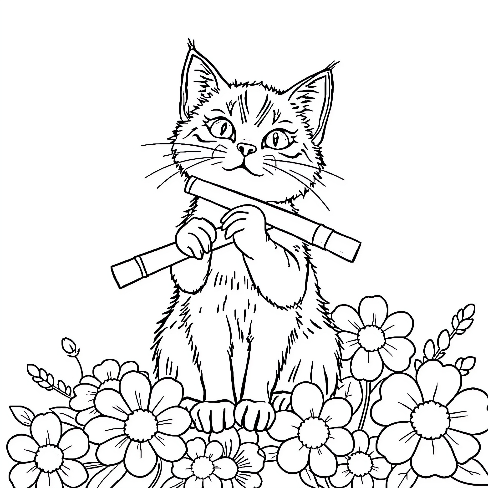 Cat holding a stick amid flowers Coloring Page (free black-and-white line drawing printable PDF for all, from beginners to advanced learners, including children, teens, adults, and seniors)