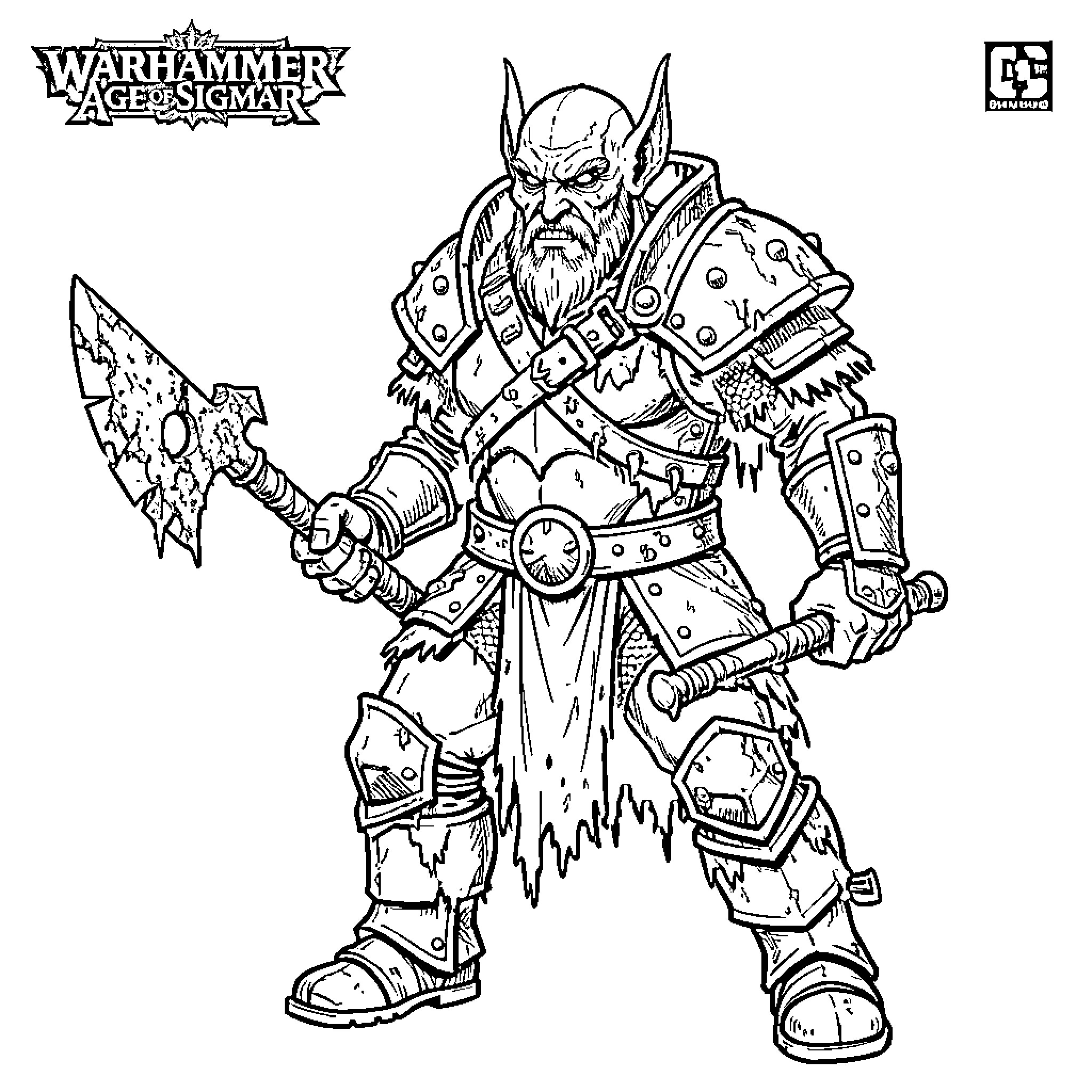 Skaven warrior in armored gear wielding battle axe Coloring Page (free black-and-white line drawing printable PDF for all, from beginners to advanced learners, including children, teens, adults, and seniors)
