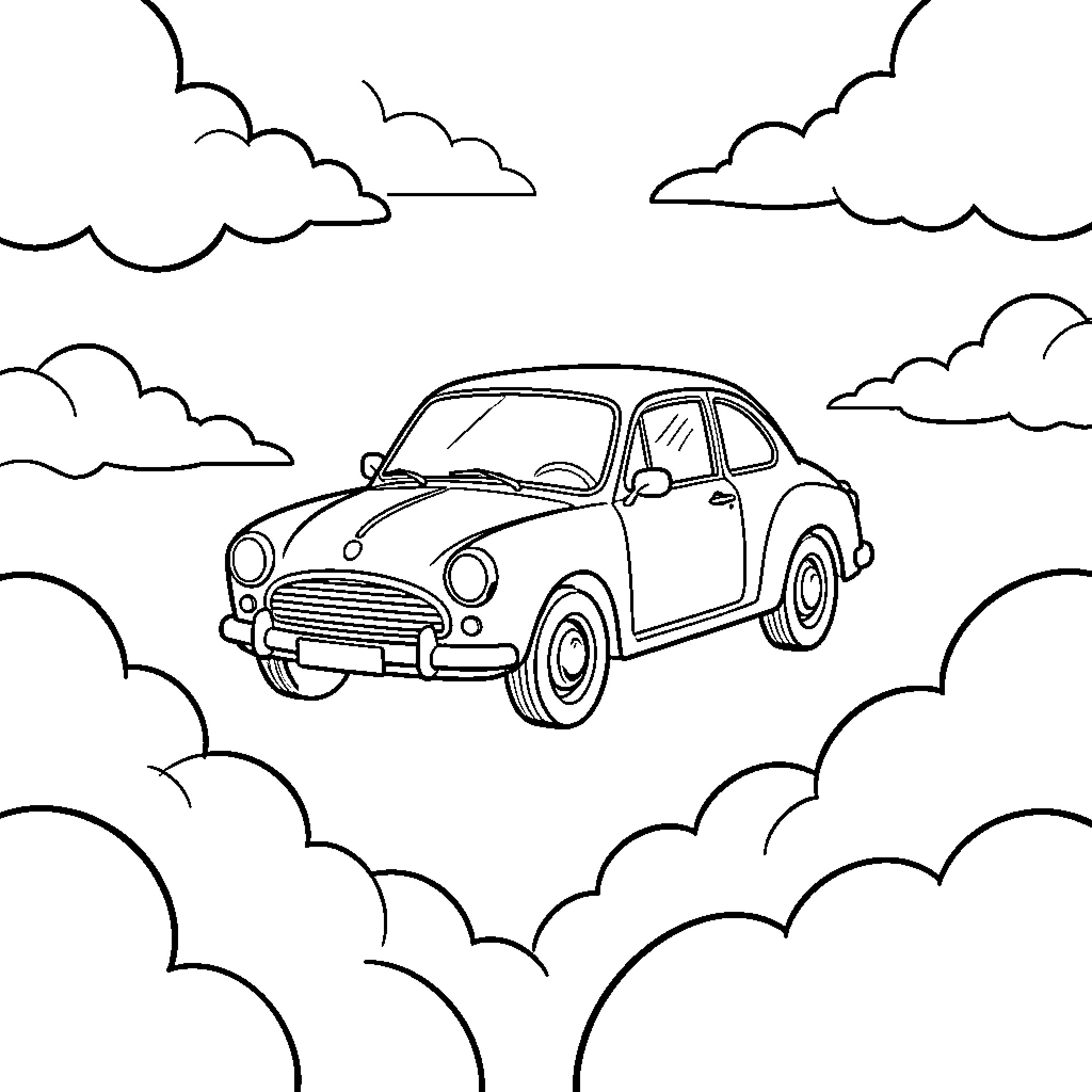Car driving through a dreamy sky of clouds Coloring Page (free black-and-white line drawing printable PDF for all, from beginners to advanced learners, including children, teens, adults, and seniors)