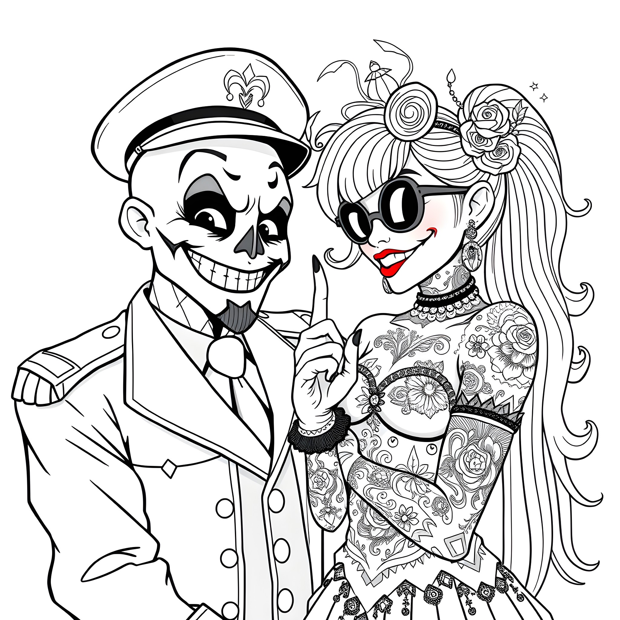 Captain Spaulding and his tattooed companion in whimsical attire Coloring Page (free black-and-white line drawing printable PDF for all, from beginners to advanced learners, including children, teens, adults, and seniors)