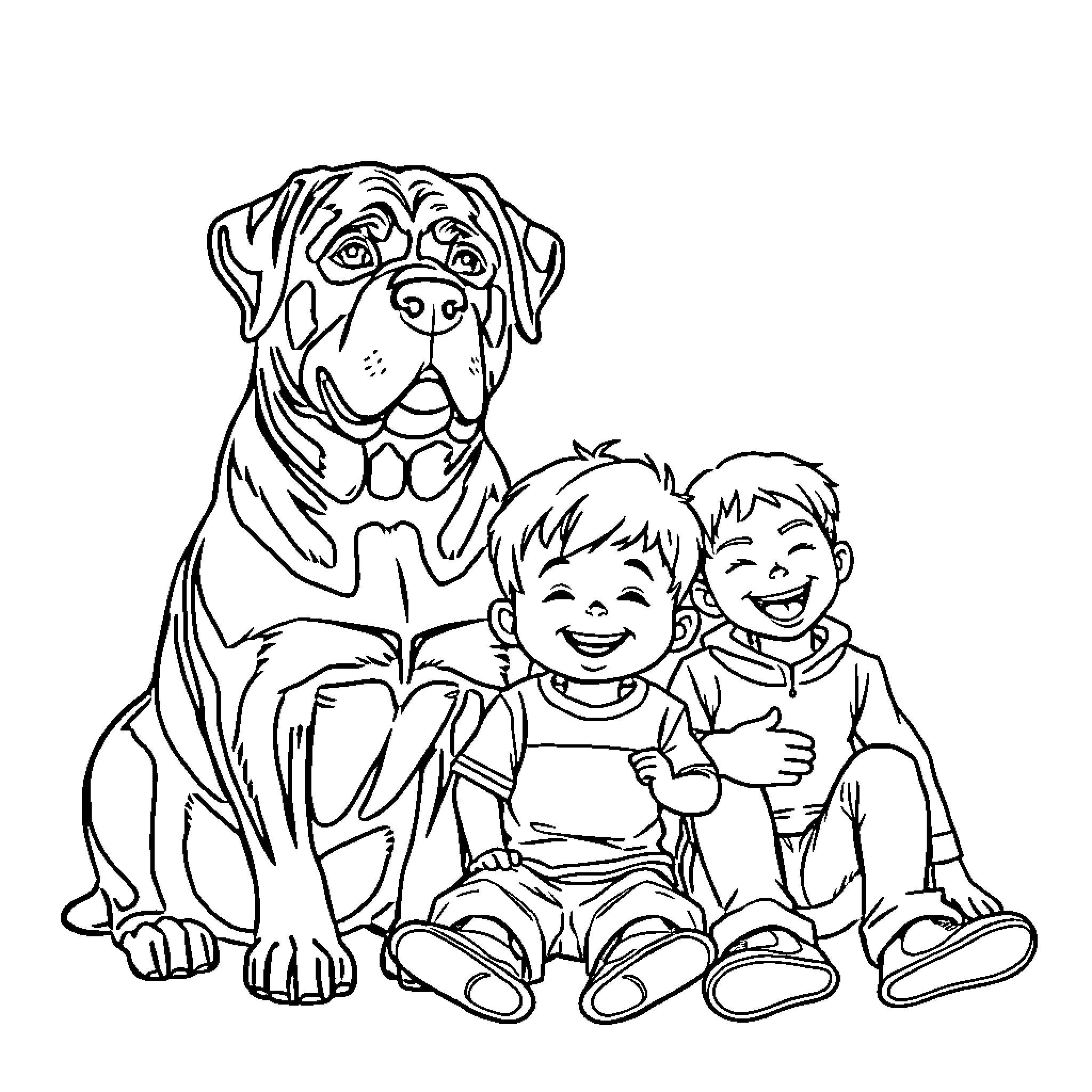 Rottweiler posing with smiling children Coloring Page (free black-and-white line drawing printable PDF for all, from beginners to advanced learners, including children, teens, adults, and seniors)
