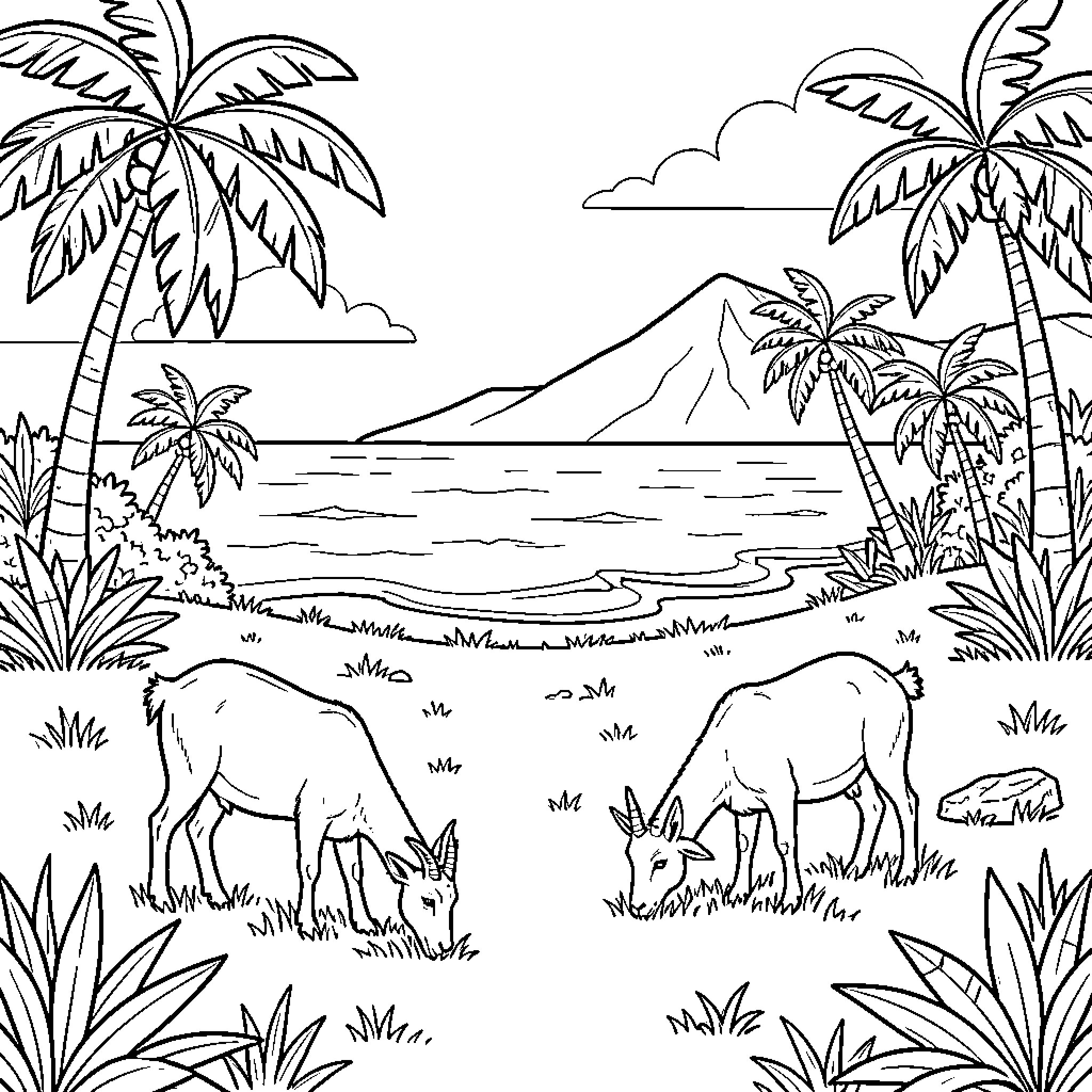 Goat grazing peacefully on a tropical shoreline Coloring Page (free black-and-white line drawing printable PDF for all, from beginners to advanced learners, including children, teens, adults, and seniors)