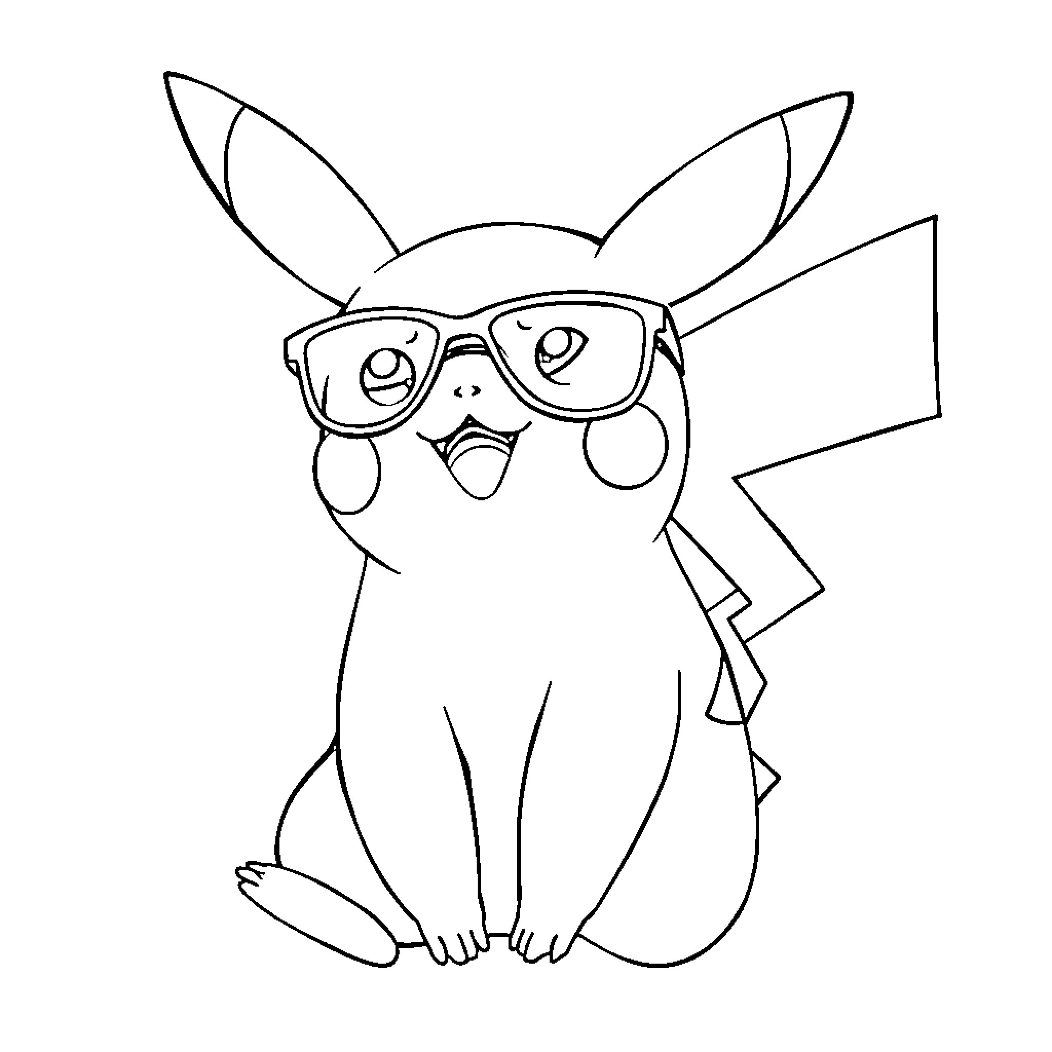Pikachu wearing nerdy glasses Coloring Page (free black-and-white line drawing printable PDF for all, from beginners to advanced learners, including children, teens, adults, and seniors)