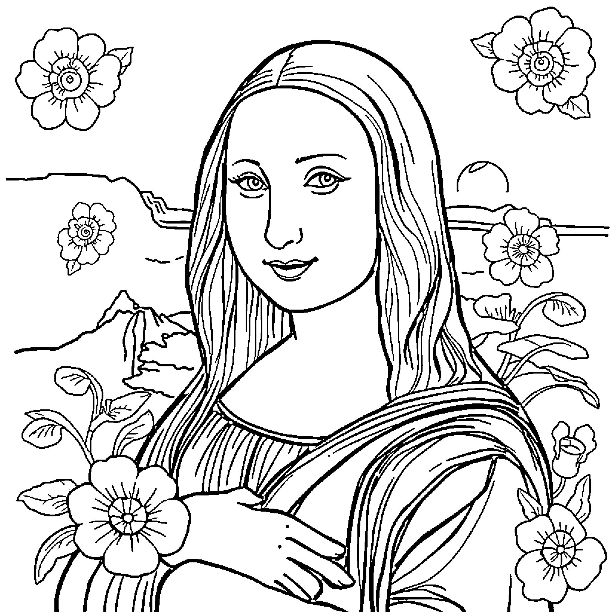 Mona Lisa amidst flowery landscape Coloring Page (free black-and-white line drawing printable PDF for all, from beginners to advanced learners, including children, teens, adults, and seniors)