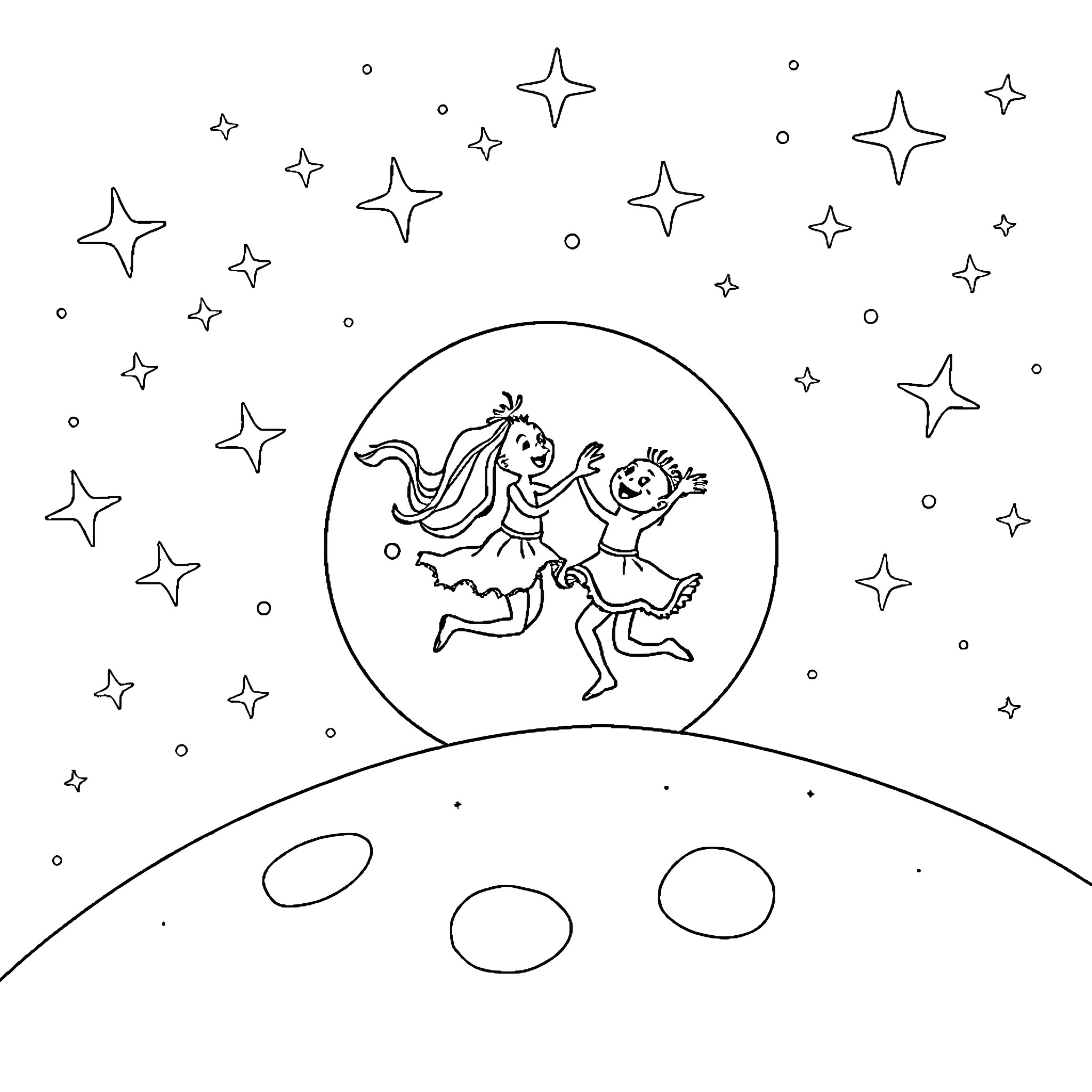 Blue Creatures Dancing Under the Starry Sky Coloring Page (free black-and-white line drawing printable PDF for all, from beginners to advanced learners, including children, teens, adults, and seniors)