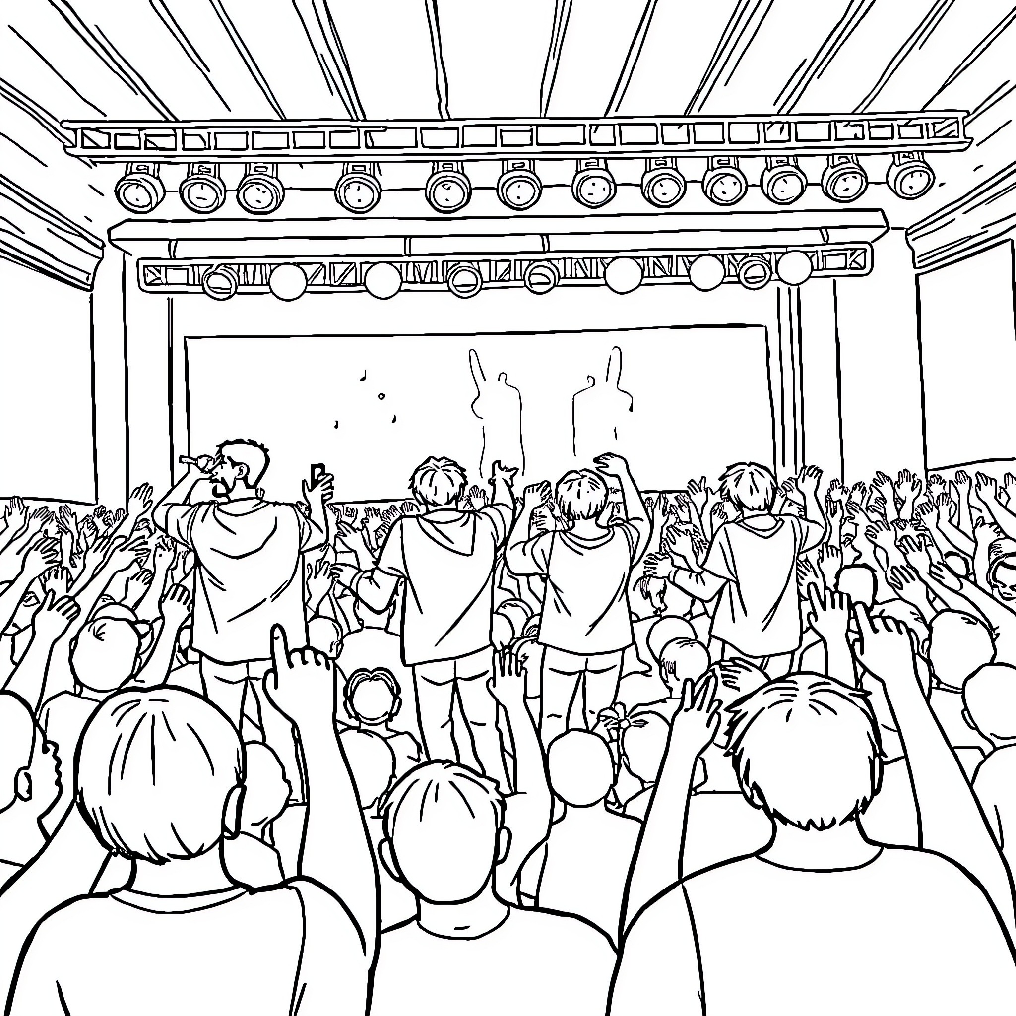 BTS Performing on Stage with Enthusiastic Fans Coloring Page (free black-and-white line drawing printable PDF for all, from beginners to advanced learners, including children, teens, adults, and seniors)