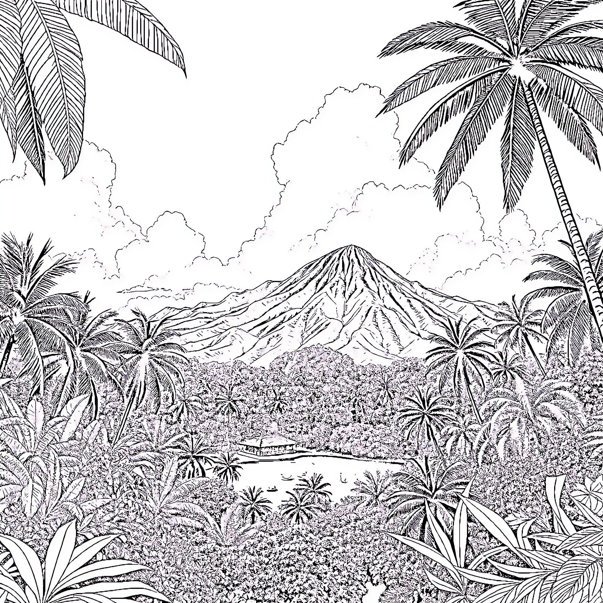 Matter in the Tropical Landscape Coloring Page (free black-and-white line drawing printable PDF for all, from beginners to advanced learners, including children, teens, adults, and seniors)