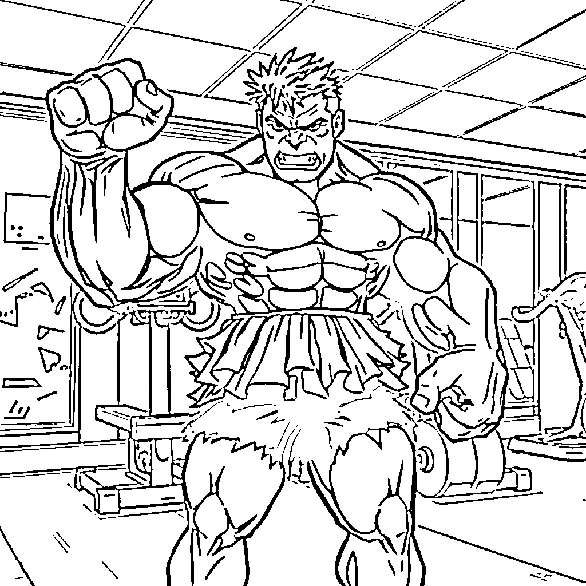 Hulk Smashing through the Gym Coloring Page (free black-and-white line drawing printable PDF for all, from beginners to advanced learners, including children, teens, adults, and seniors)