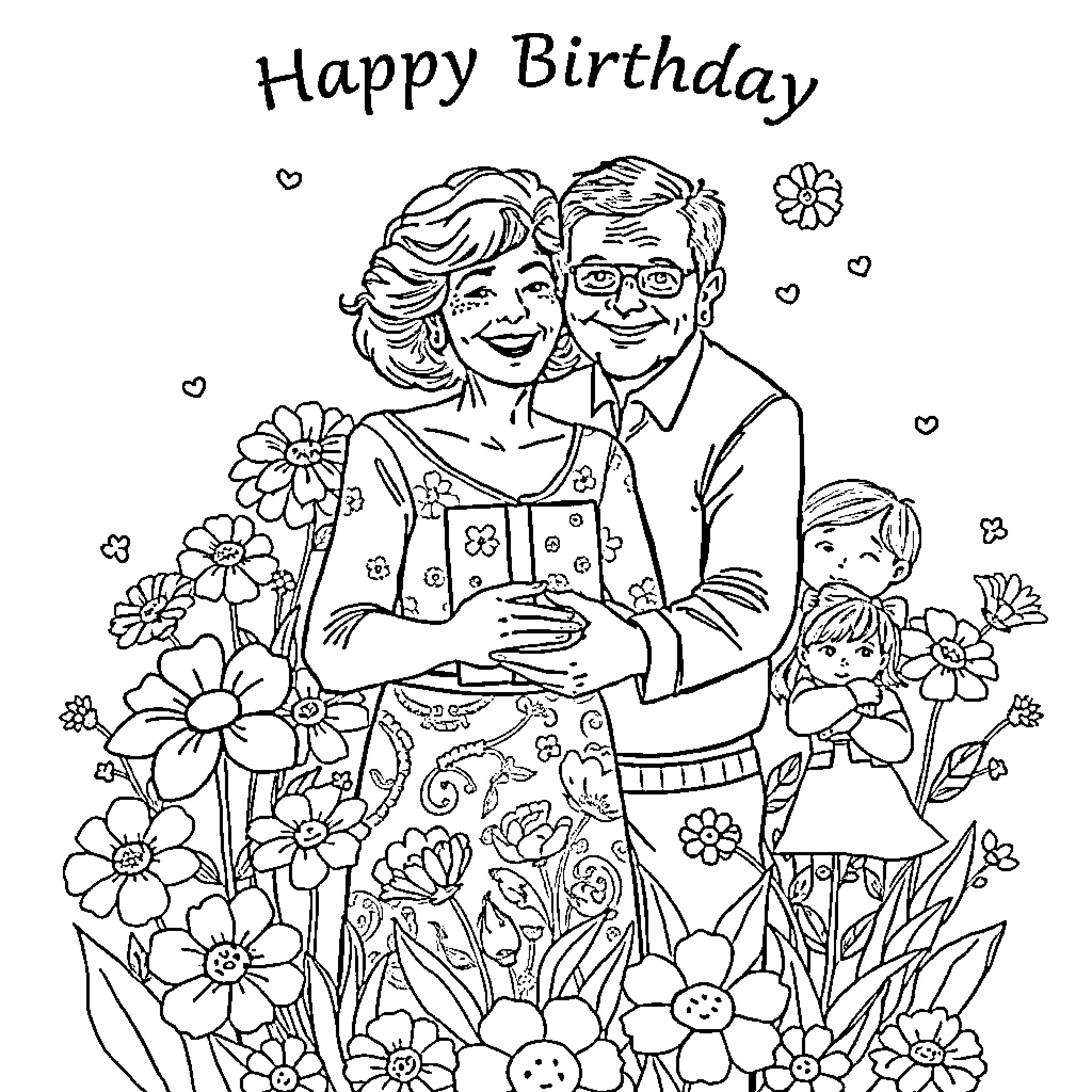 Woman and man celebrate happy birthday together Coloring Page (free black-and-white line drawing printable PDF for all, from beginners to advanced learners, including children, teens, adults, and seniors)