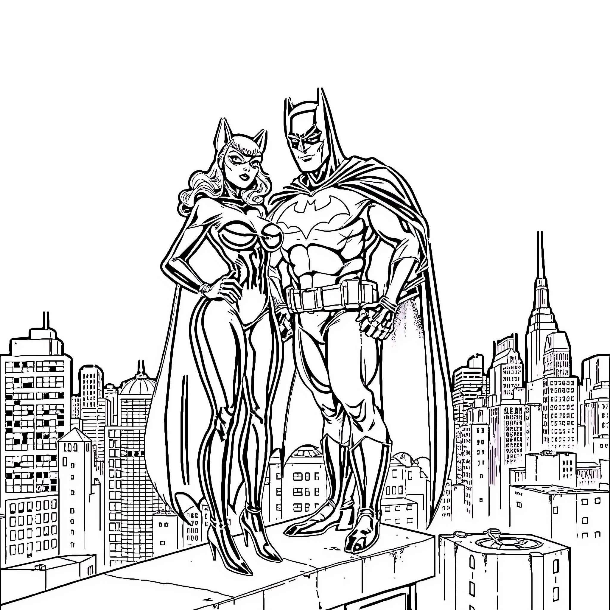 Catwoman and Batman on the Gotham City skyline Coloring Page (free black-and-white line drawing printable PDF for all, from beginners to advanced learners, including children, teens, adults, and seniors)