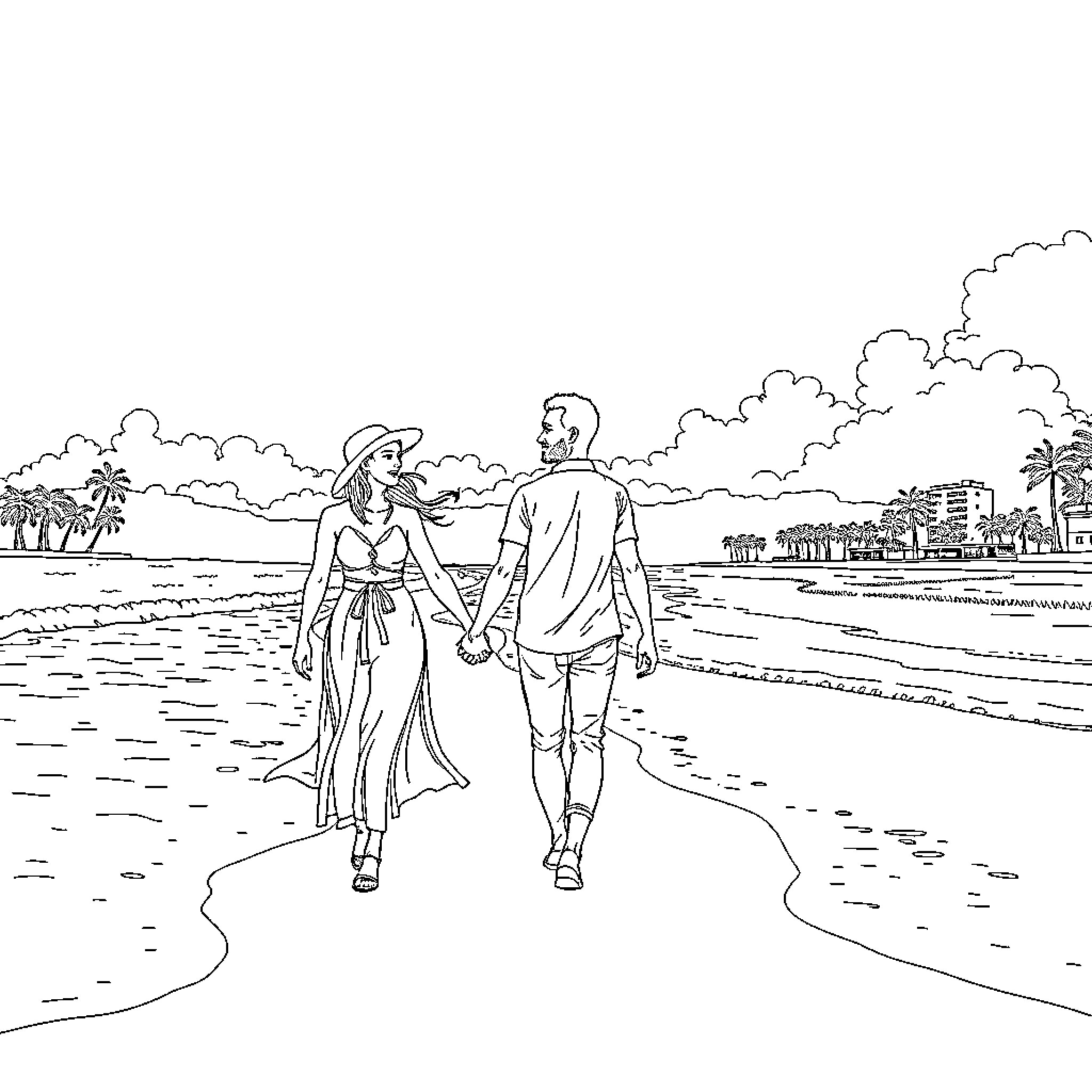 Couple enjoying a romantic stroll on the beach Coloring Page (free black-and-white line drawing printable PDF for all, from beginners to advanced learners, including children, teens, adults, and seniors)
