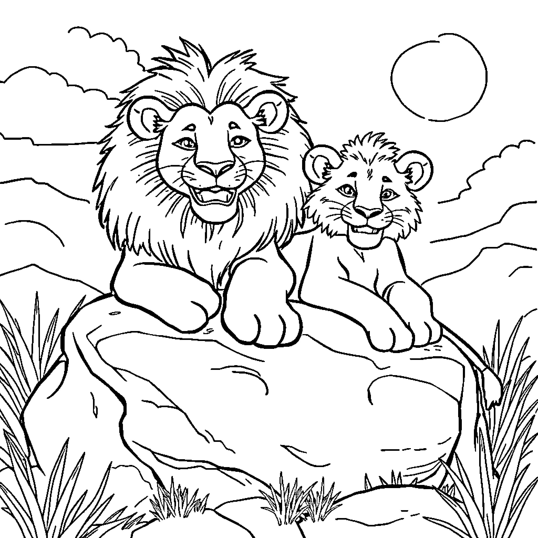 Lion and its cub on a rocky outcrop Coloring Page (free black-and-white line drawing printable PDF for all, from beginners to advanced learners, including children, teens, adults, and seniors)