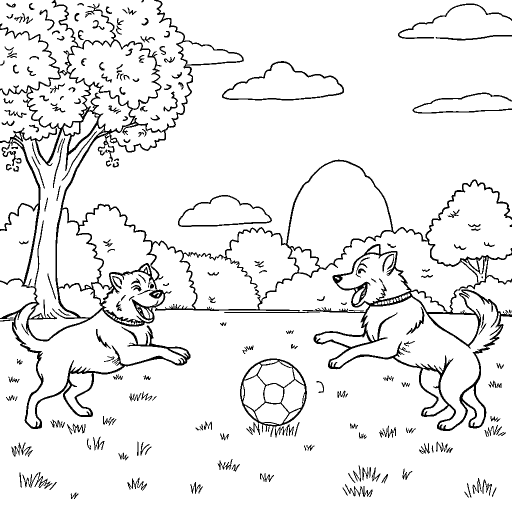 Dog Playing with Friends in the Park Coloring Page (free black-and-white line drawing printable PDF for all, from beginners to advanced learners, including children, teens, adults, and seniors)