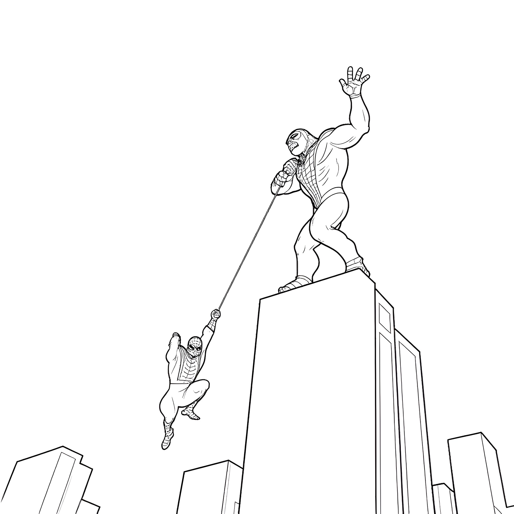 Spiderman swinging high above city buildings Coloring Page (free black-and-white line drawing printable PDF for all, from beginners to advanced learners, including children, teens, adults, and seniors)