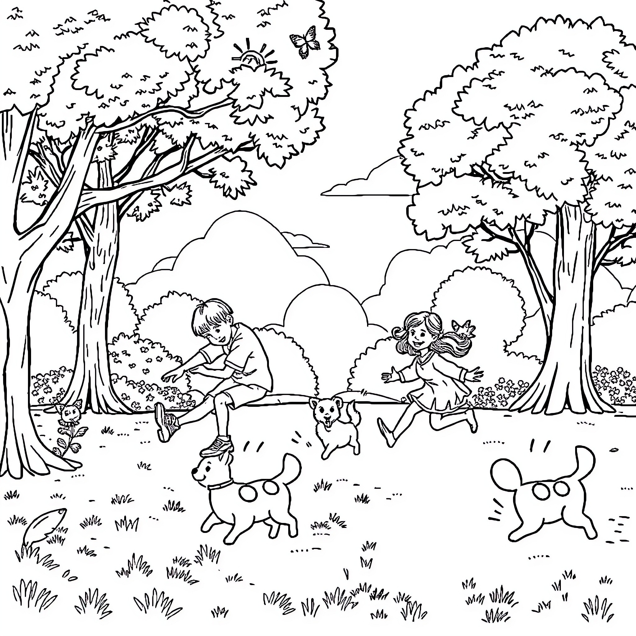 Child Playing with Pets in Scenic Forest Coloring Page (free black-and-white line drawing printable PDF for all, from beginners to advanced learners, including children, teens, adults, and seniors)