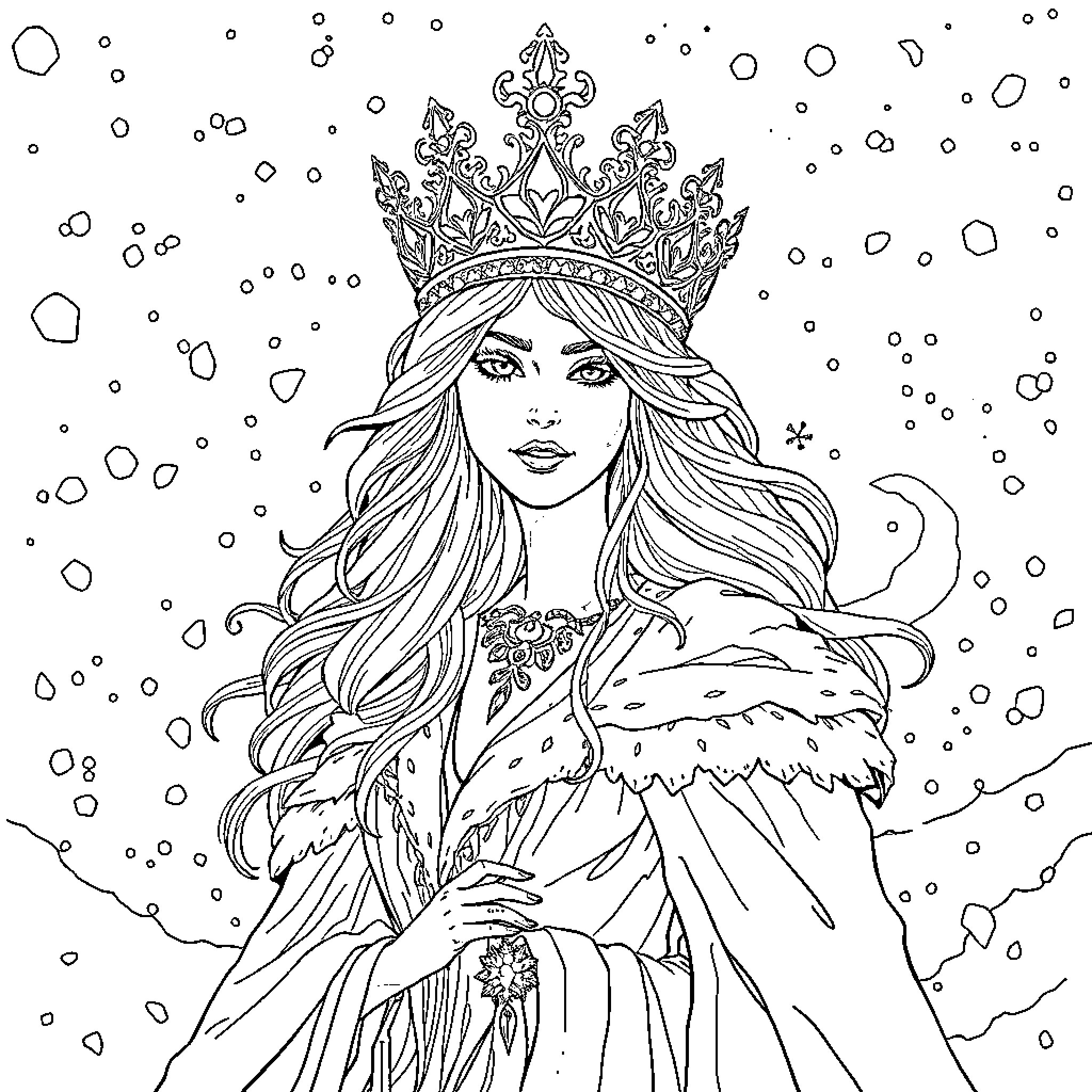 Sorceress in a Snowy Winter Wonderland Coloring Page (free black-and-white line drawing printable PDF for all, from beginners to advanced learners, including children, teens, adults, and seniors)