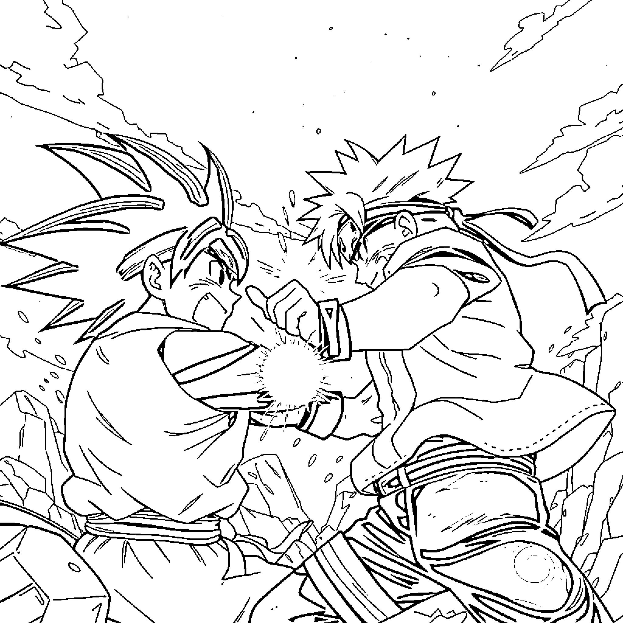 Naruto characters engaged in intense battle scene Coloring Page (free black-and-white line drawing printable PDF for all, from beginners to advanced learners, including children, teens, adults, and seniors)