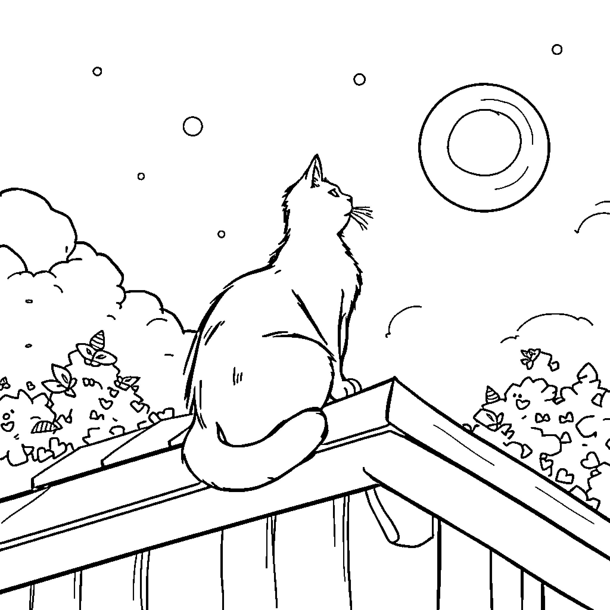 Katze relaxing on rooftop under starry sky Coloring Page (free black-and-white line drawing printable PDF for all, from beginners to advanced learners, including children, teens, adults, and seniors)