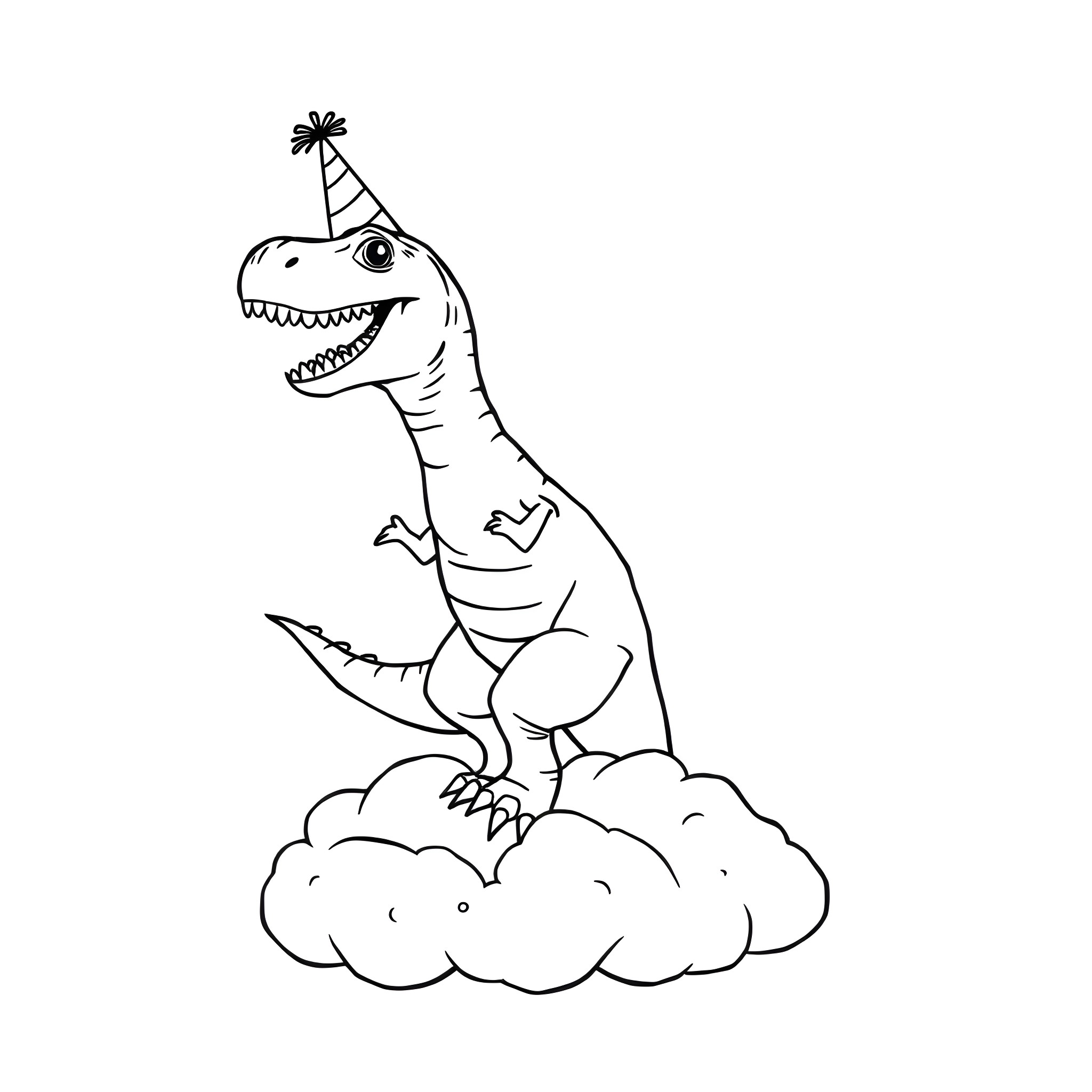 T-Rex celebrating on a cloud Coloring Page (free black-and-white line drawing printable PDF for all, from beginners to advanced learners, including children, teens, adults, and seniors)