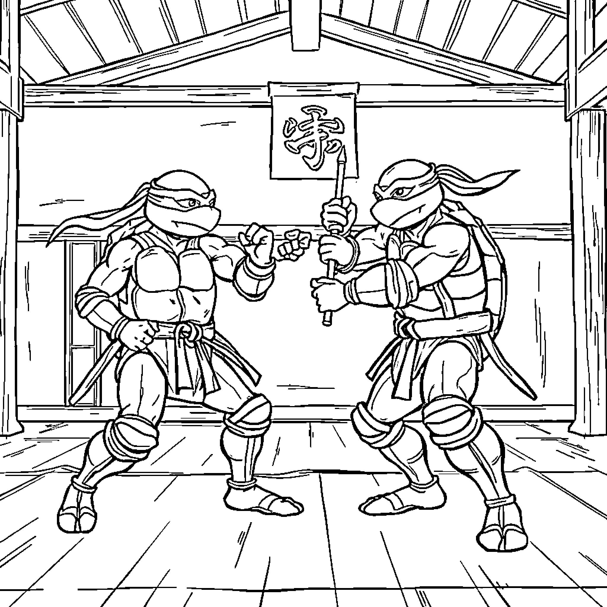 Teenage Mutant Ninja Turtles facing off in dojo Coloring Page (free black-and-white line drawing printable PDF for all, from beginners to advanced learners, including children, teens, adults, and seniors)