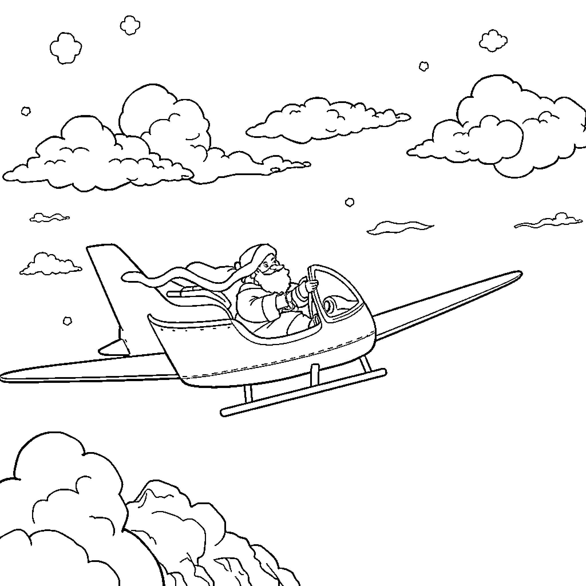 Père Noël flying a small helicopter in the sky Coloring Page (free black-and-white line drawing printable PDF for all, from beginners to advanced learners, including children, teens, adults, and seniors)