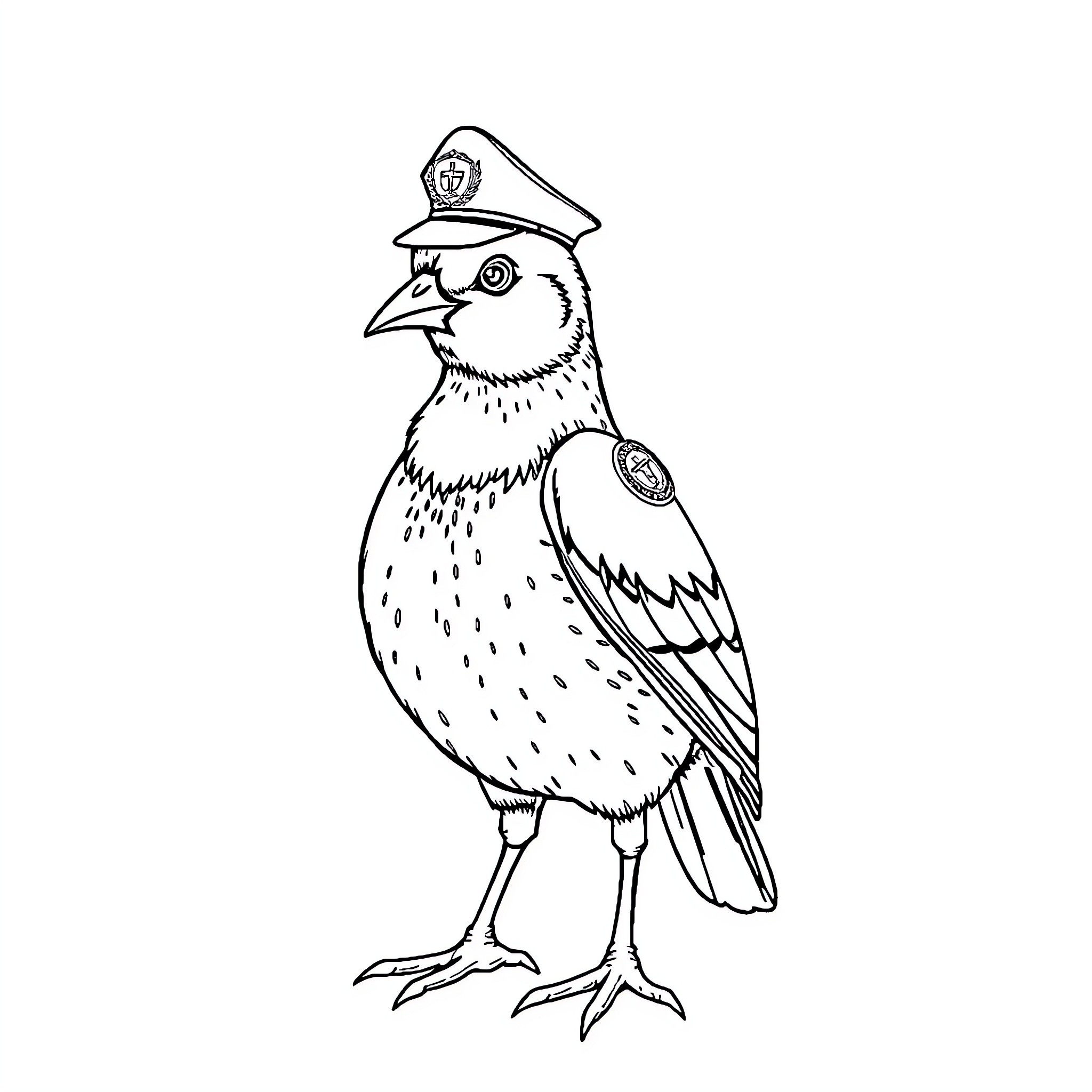 Poule in Captain's Uniform Coloring Page (free black-and-white line drawing printable PDF for all, from beginners to advanced learners, including children, teens, adults, and seniors)
