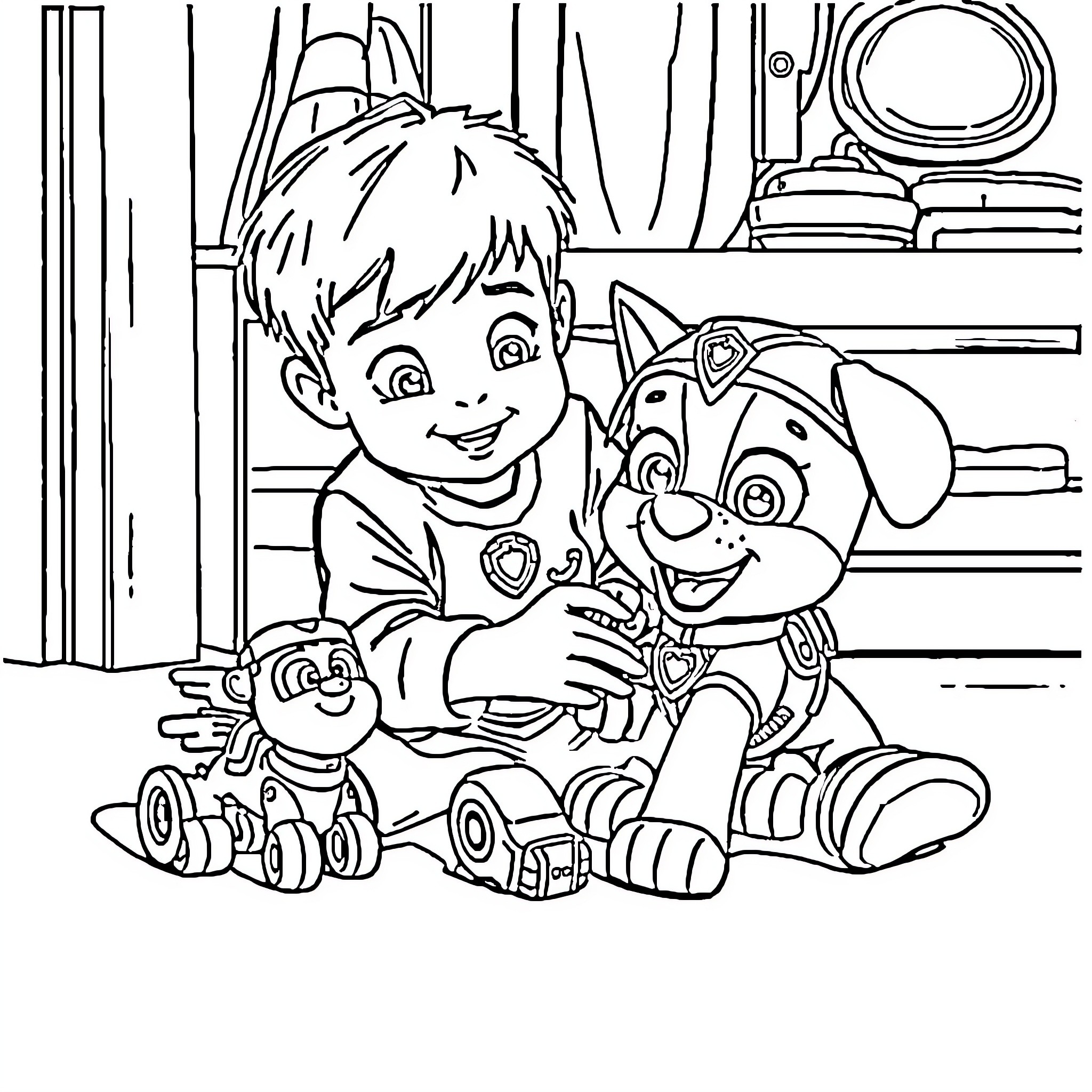 Paw Patrol Characters Playing Together Coloring Page (free black-and-white line drawing printable PDF for all, from beginners to advanced learners, including children, teens, adults, and seniors)
