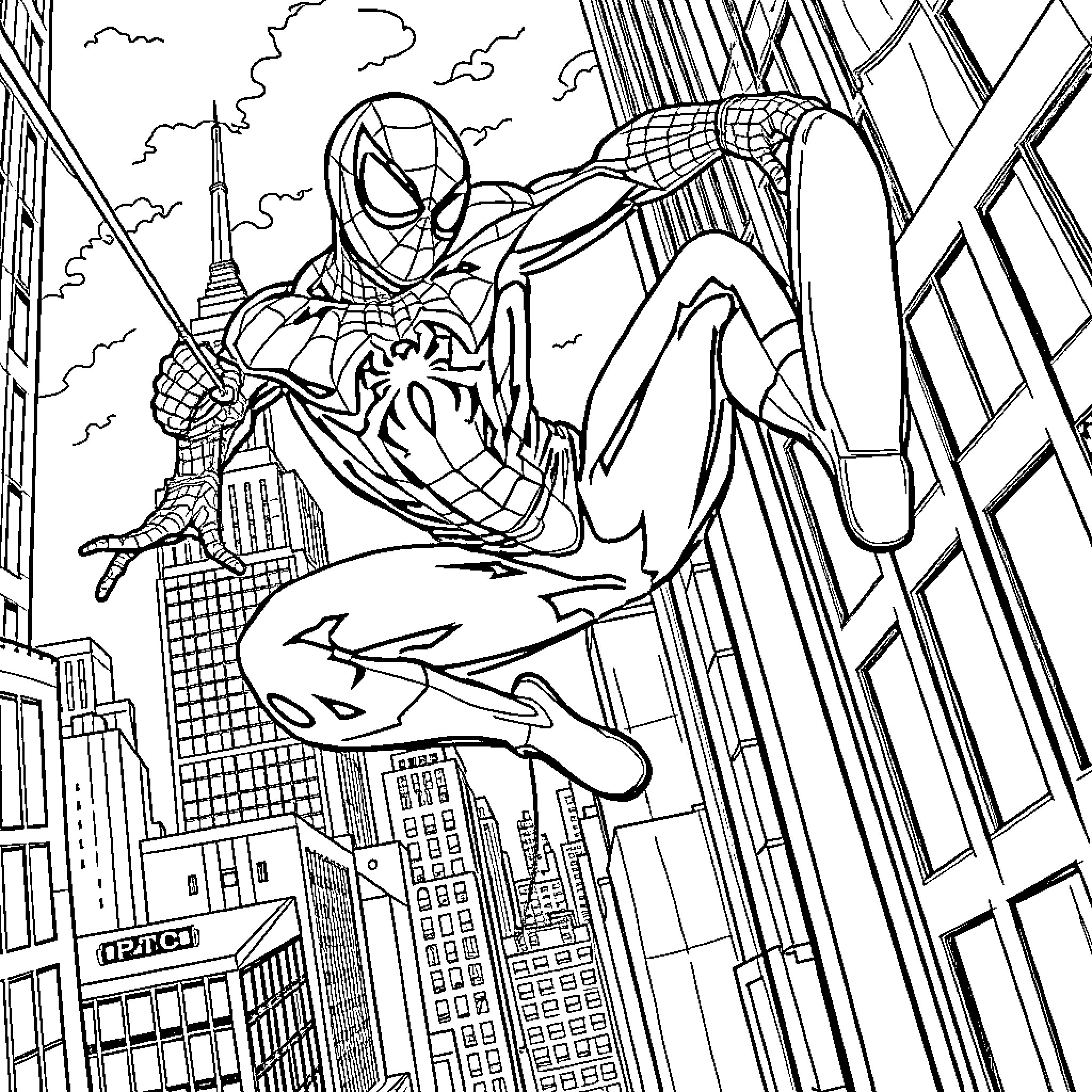 Spiderman swinging through the city skyline Coloring Page (free black-and-white line drawing printable PDF for all, from beginners to advanced learners, including children, teens, adults, and seniors)