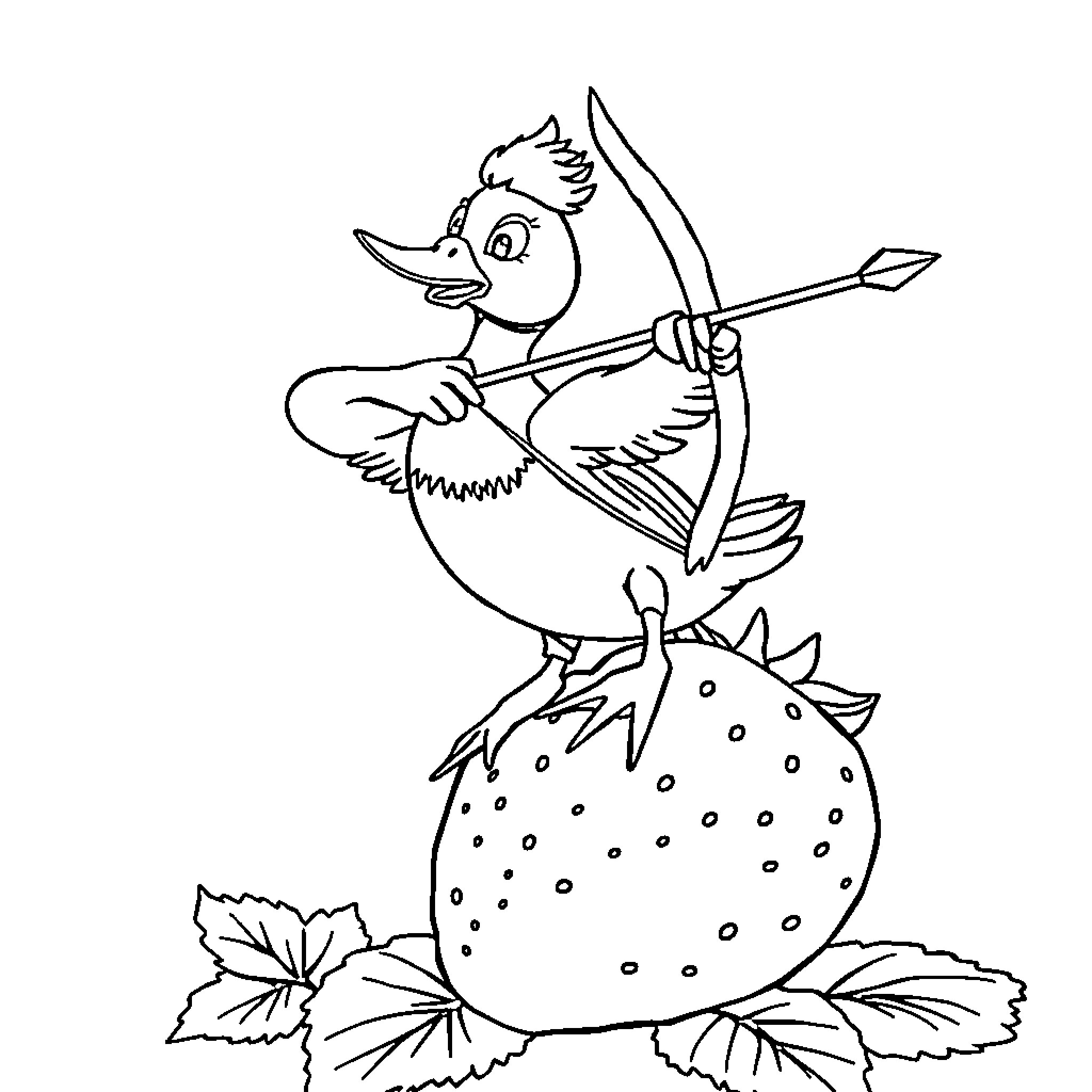Duck aiming archery on strawberry Coloring Page (free black-and-white line drawing printable PDF for all, from beginners to advanced learners, including children, teens, adults, and seniors)