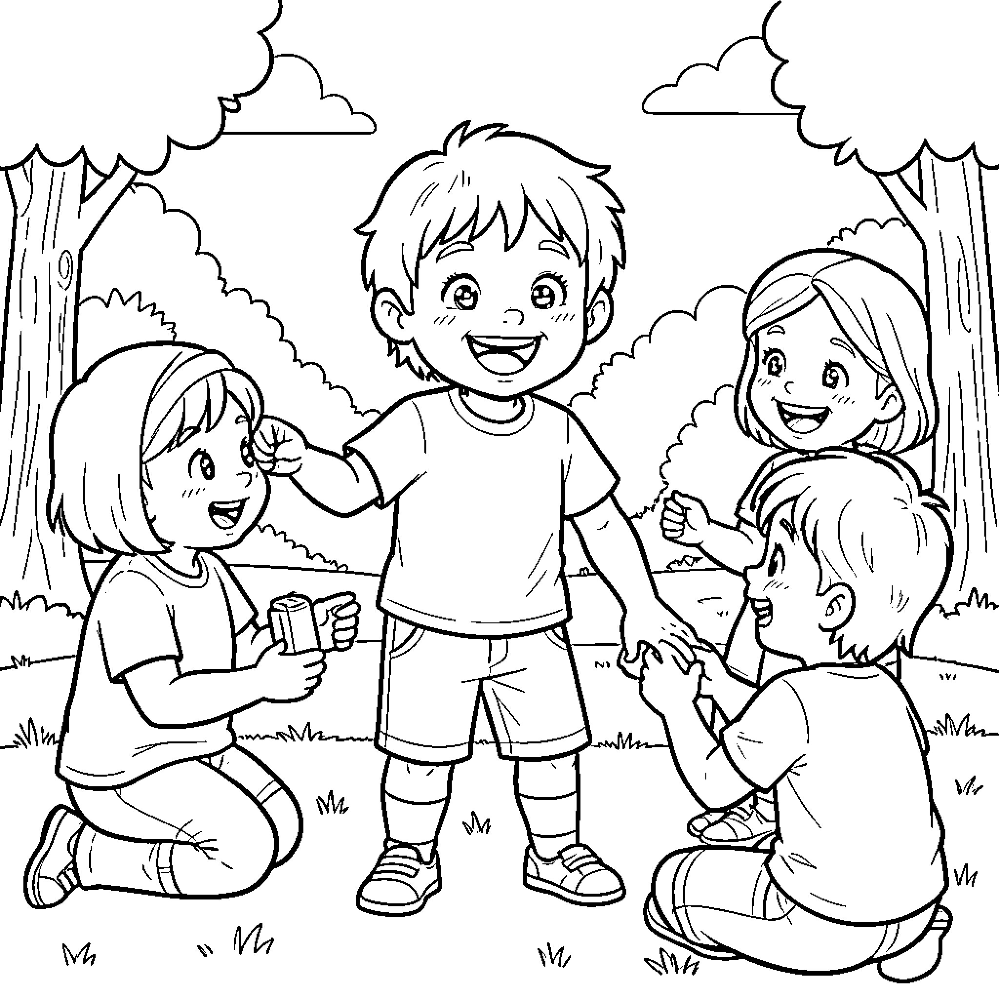 Kid playing joyfully with friends in a park Coloring Page (free black-and-white line drawing printable PDF for all, from beginners to advanced learners, including children, teens, adults, and seniors)