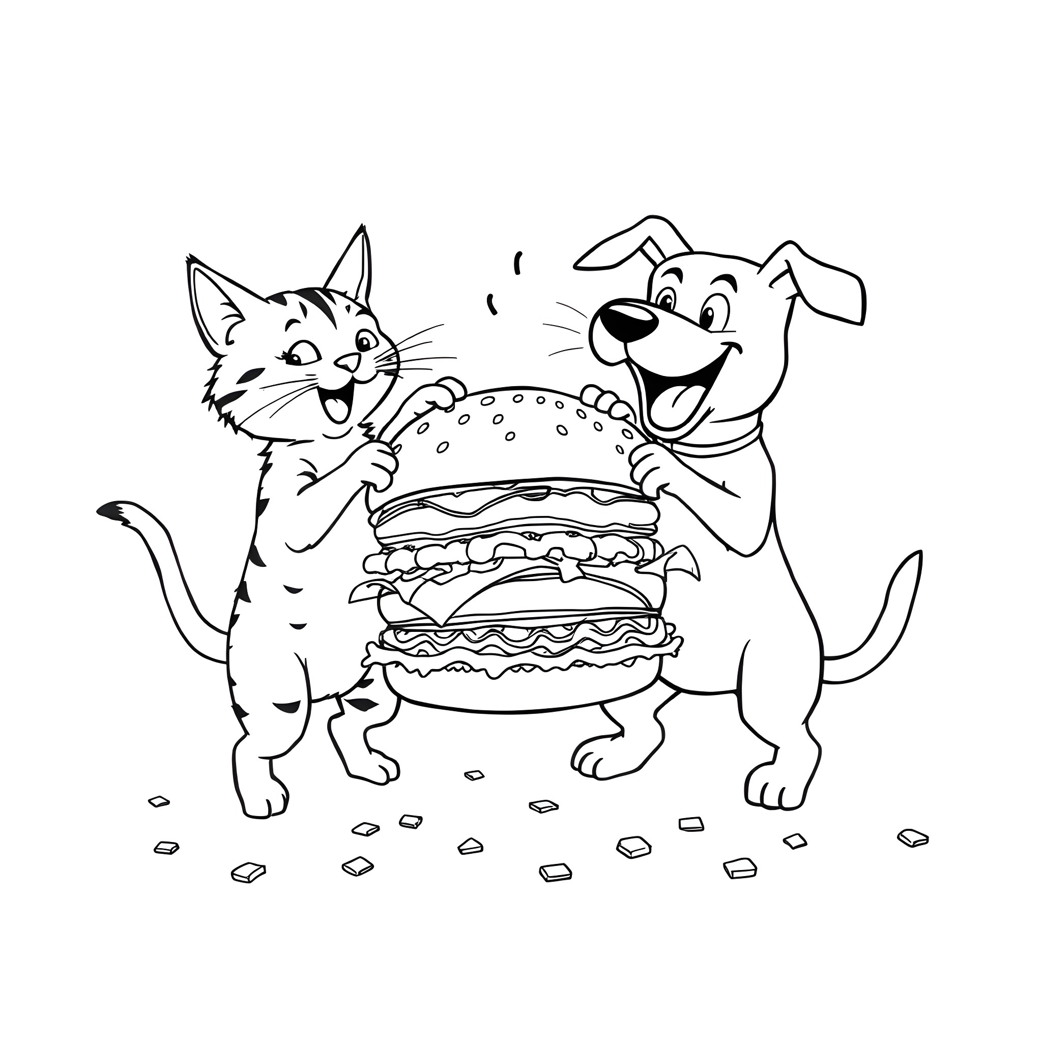 Cat and Dog Sharing a Burger Coloring Page (free black-and-white line drawing printable PDF for all, from beginners to advanced learners, including children, teens, adults, and seniors)