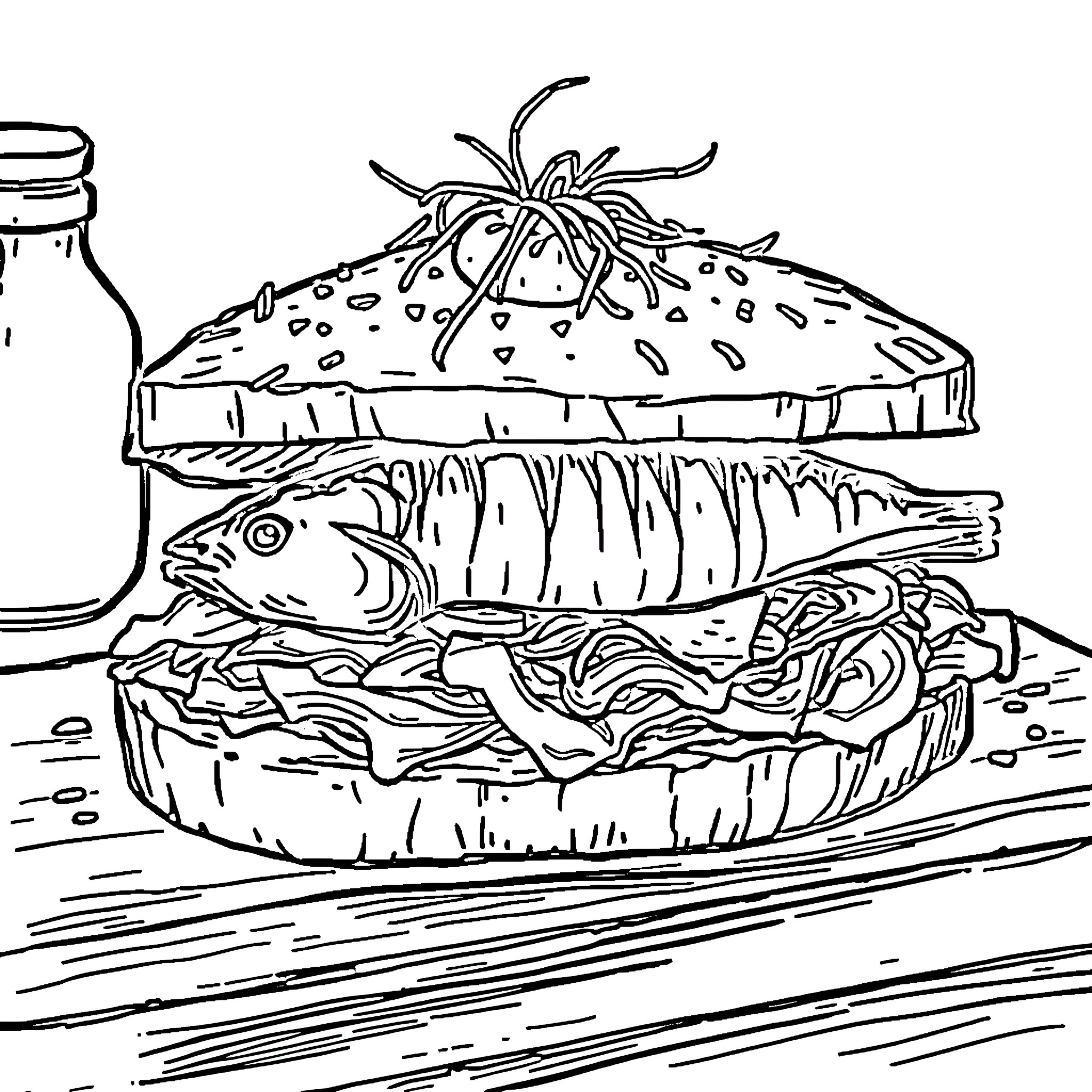 Sandwich with fish and assorted toppings Coloring Page (free black-and-white line drawing printable PDF for all, from beginners to advanced learners, including children, teens, adults, and seniors)