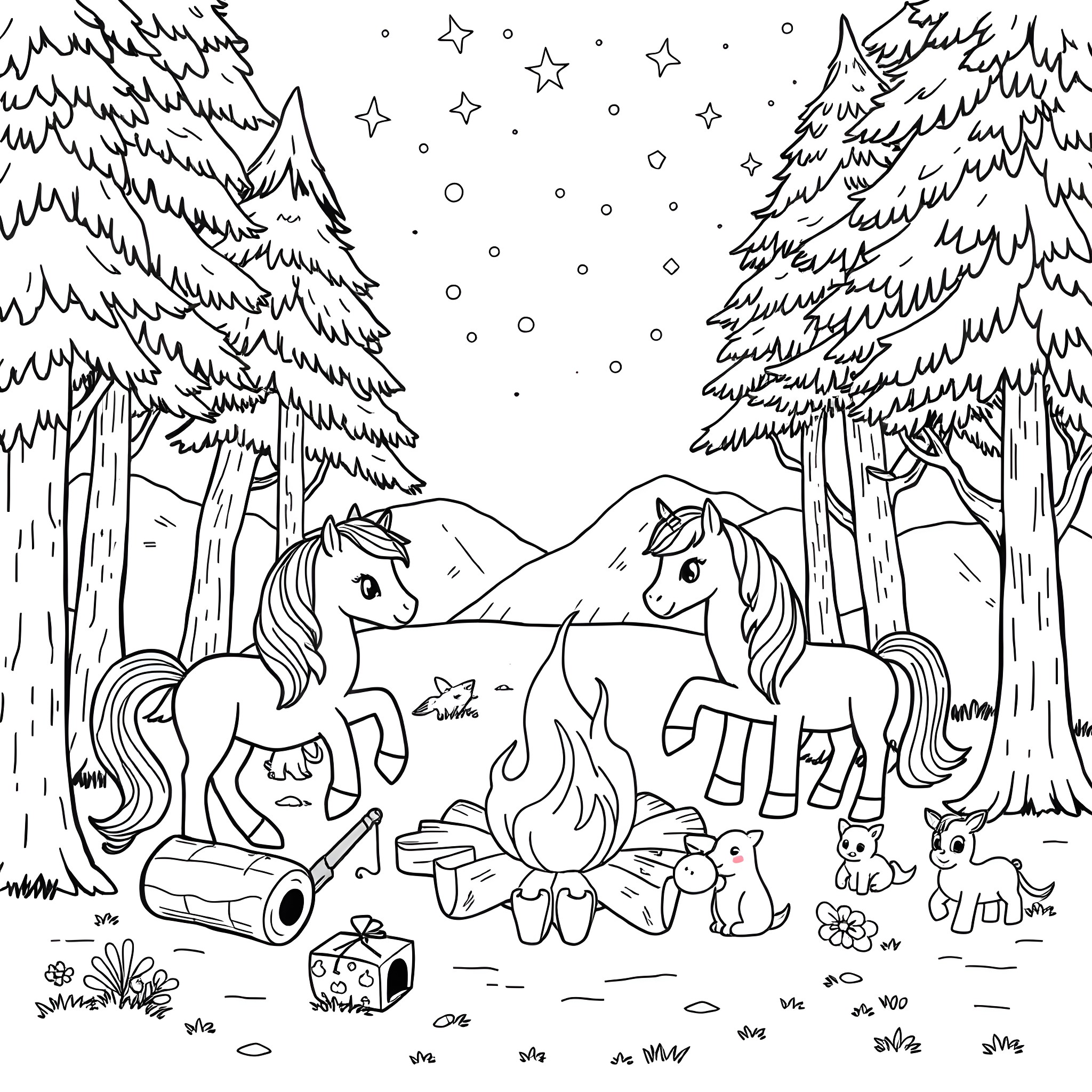 Pony camping adventure in the snowy forest Coloring Page (free black-and-white line drawing printable PDF for all, from beginners to advanced learners, including children, teens, adults, and seniors)