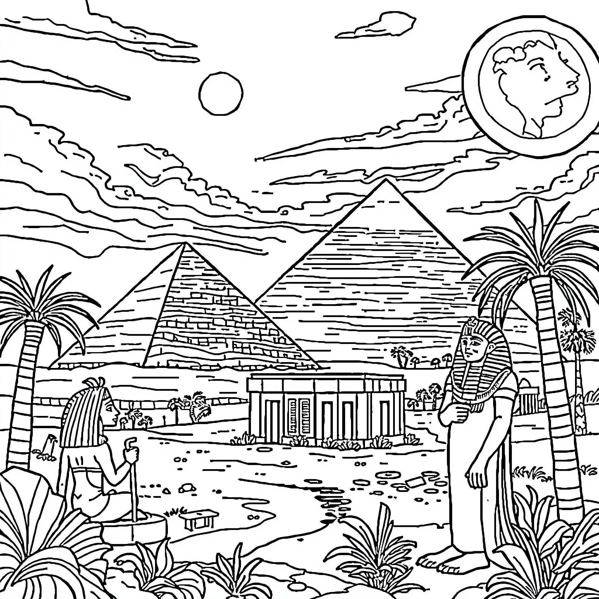 Egypt's Ancient Wonders and Tranquil Landscapes Coloring Page (free black-and-white line drawing printable PDF for all, from beginners to advanced learners, including children, teens, adults, and seniors)