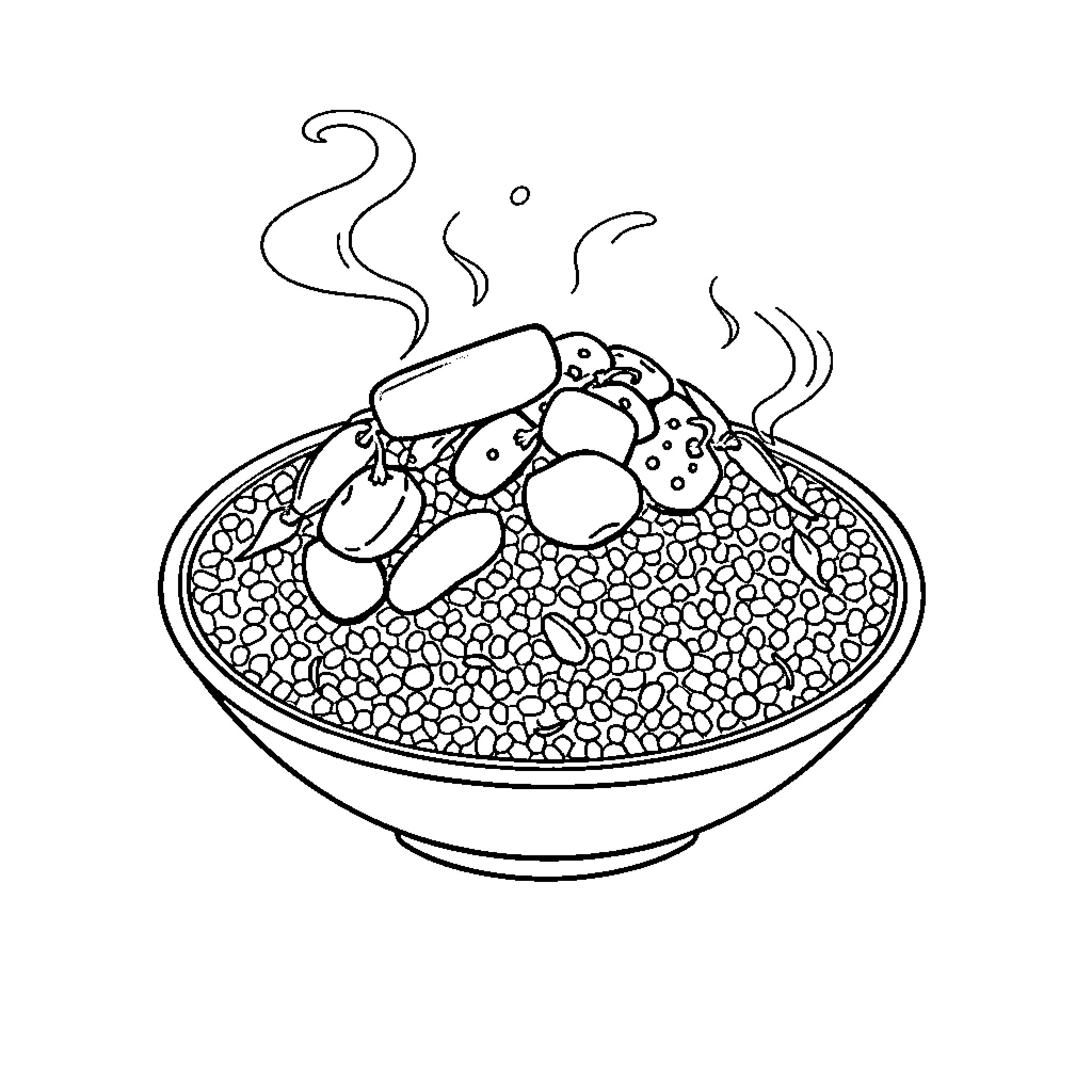 Couscous dish with steaming ingredients Coloring Page (free black-and-white line drawing printable PDF for all, from beginners to advanced learners, including children, teens, adults, and seniors)