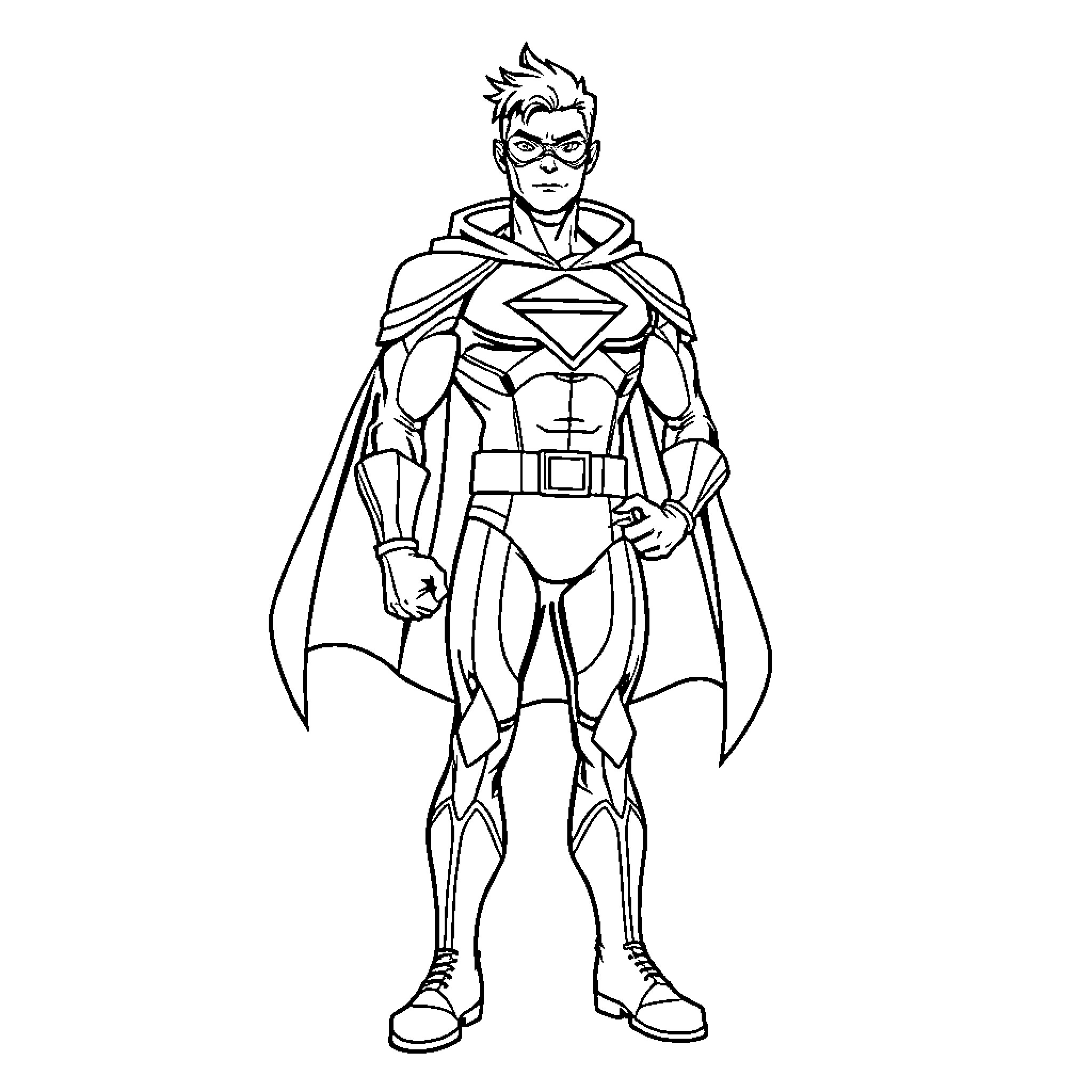 Superhero in Heroic Pose with Costume Coloring Page (free black-and-white line drawing printable PDF for all, from beginners to advanced learners, including children, teens, adults, and seniors)