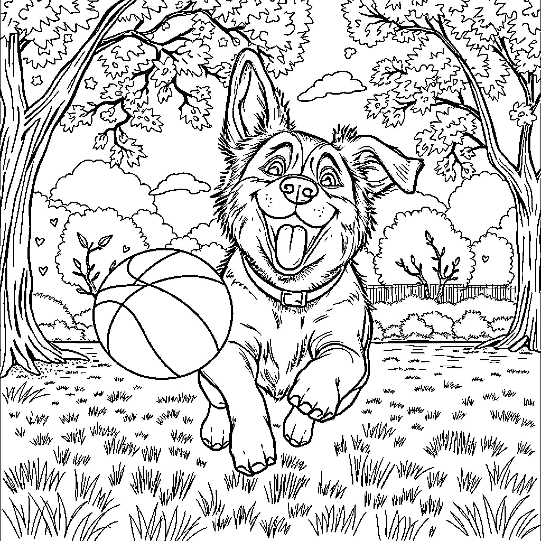 Dog playing joyfully with ball in forest Coloring Page (free black-and-white line drawing printable PDF for all, from beginners to advanced learners, including children, teens, adults, and seniors)