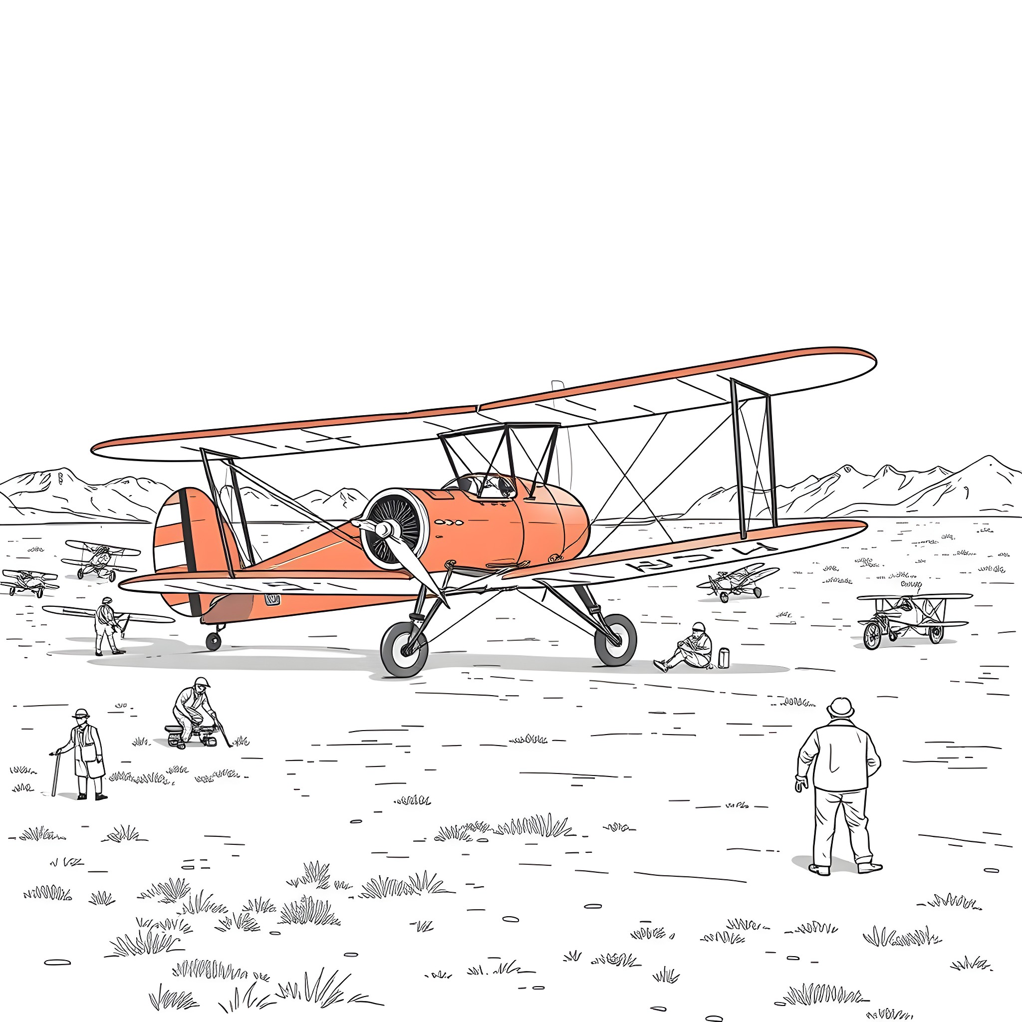 Plane taking off from a grassy airfield Coloring Page (free black-and-white line drawing printable PDF for all, from beginners to advanced learners, including children, teens, adults, and seniors)