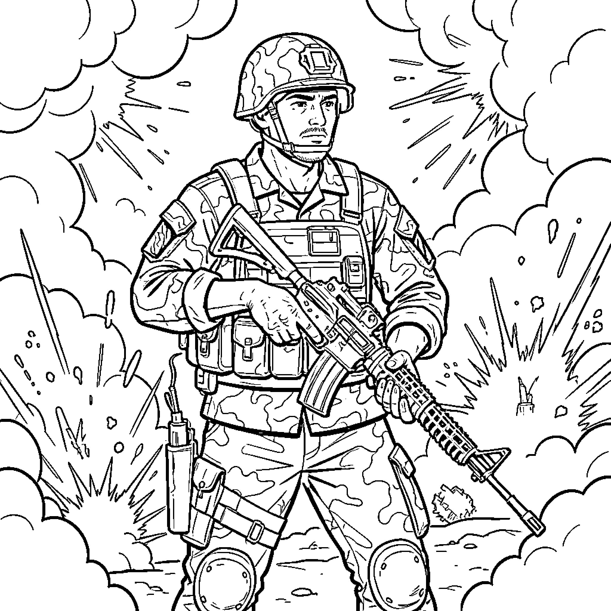 Soldier in combat gear amid explosions and smoke Coloring Page (free black-and-white line drawing printable PDF for all, from beginners to advanced learners, including children, teens, adults, and seniors)