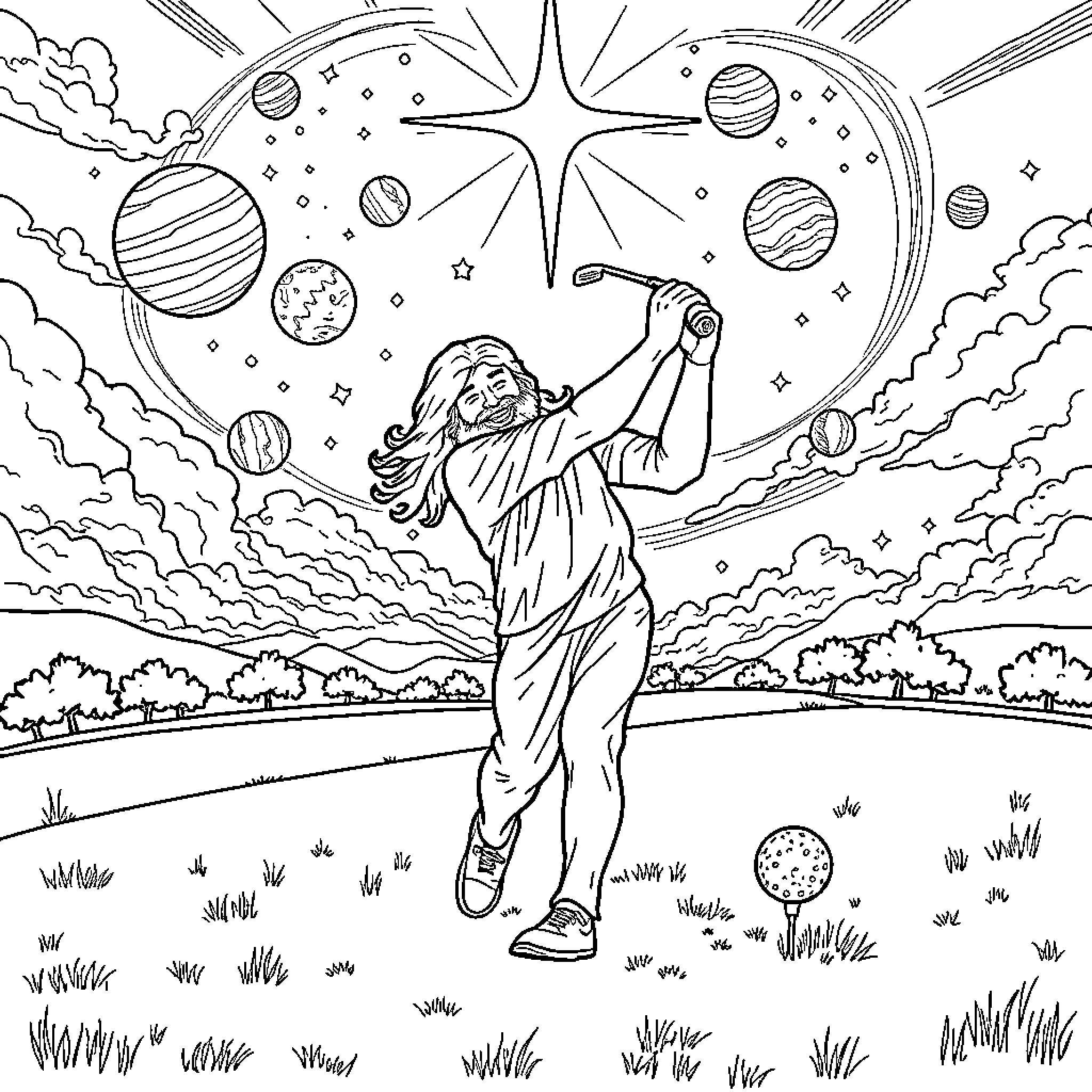 God creating the celestial universe Coloring Page (free black-and-white line drawing printable PDF for all, from beginners to advanced learners, including children, teens, adults, and seniors)