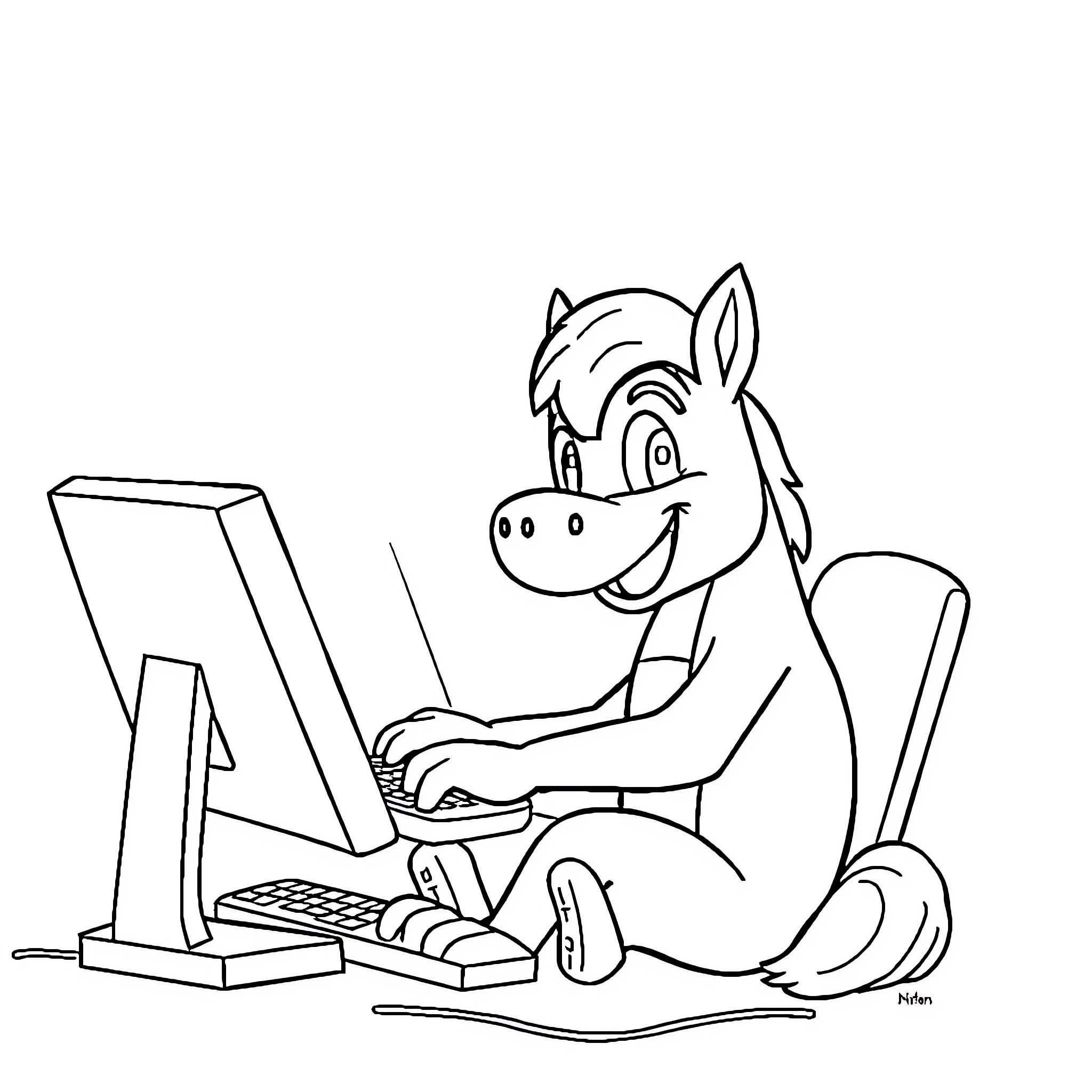 Mustang using computer at desk Coloring Page (free black-and-white line drawing printable PDF for all, from beginners to advanced learners, including children, teens, adults, and seniors)