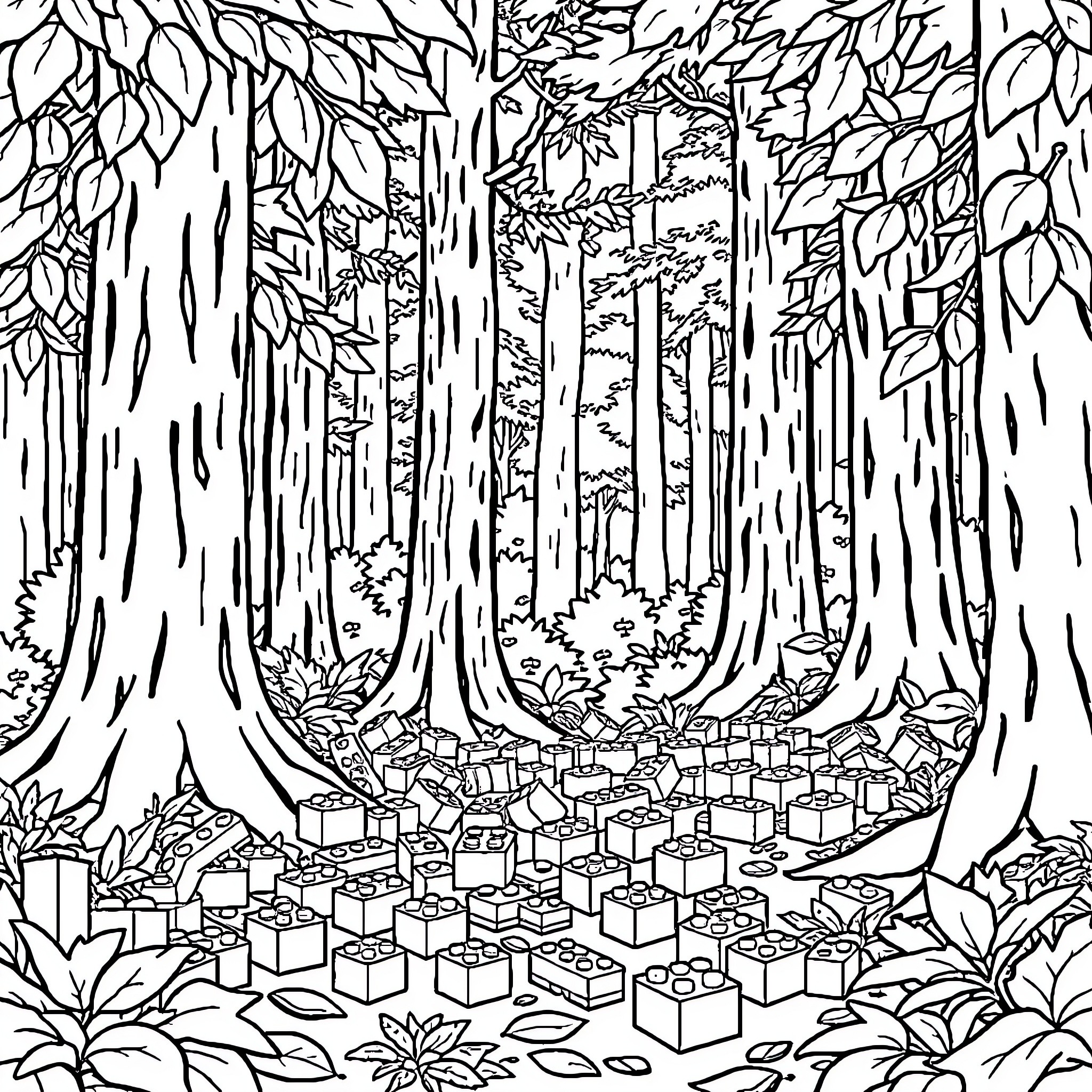 Lego figures in a forest landscape Coloring Page (free black-and-white line drawing printable PDF for all, from beginners to advanced learners, including children, teens, adults, and seniors)