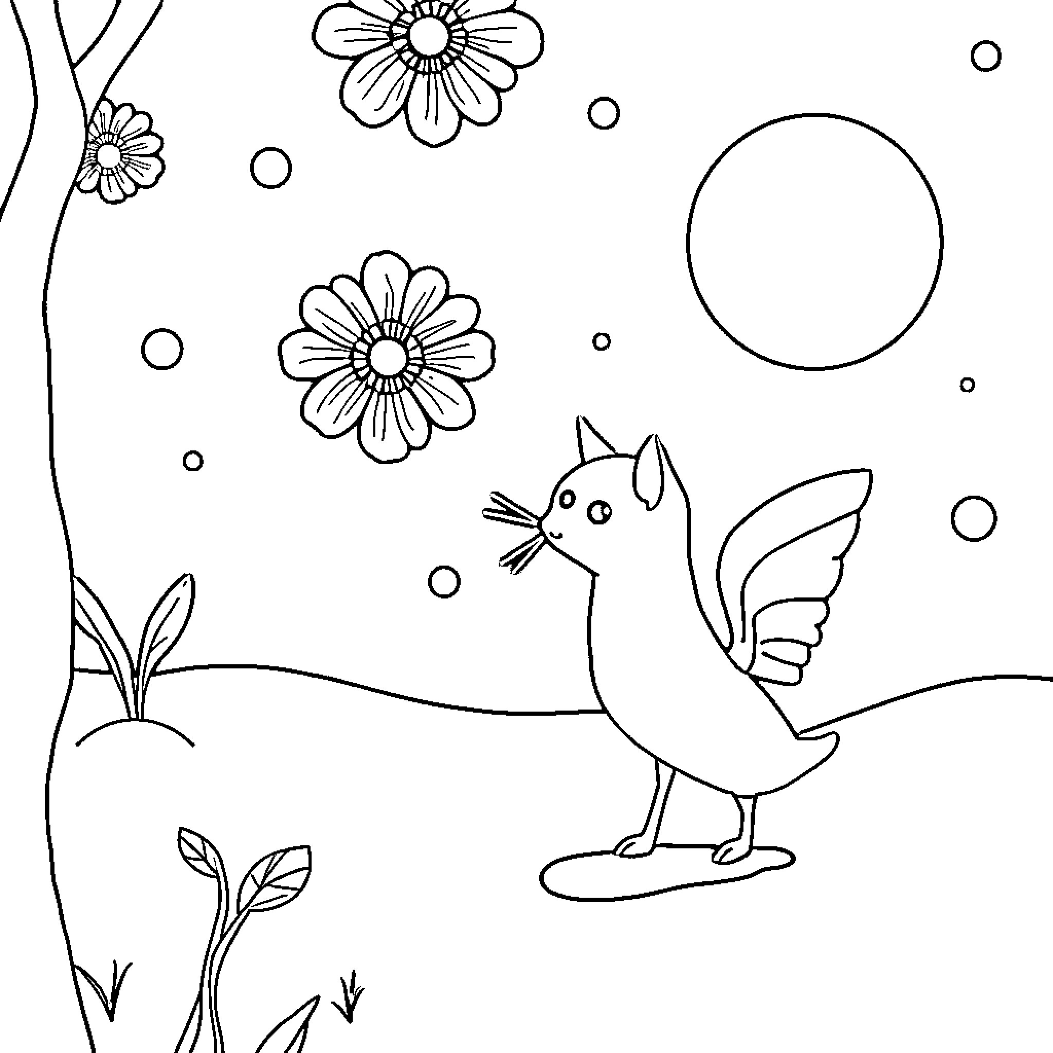 כוכב כדורגל - Playful bird dancing among flowers Coloring Page (free black-and-white line drawing printable PDF for all, from beginners to advanced learners, including children, teens, adults, and seniors)