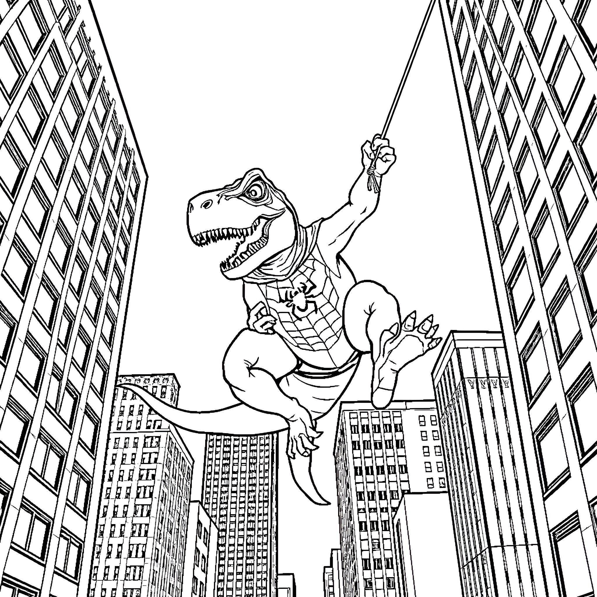 T-Rex stomping through the city skyline Coloring Page (free black-and-white line drawing printable PDF for all, from beginners to advanced learners, including children, teens, adults, and seniors)