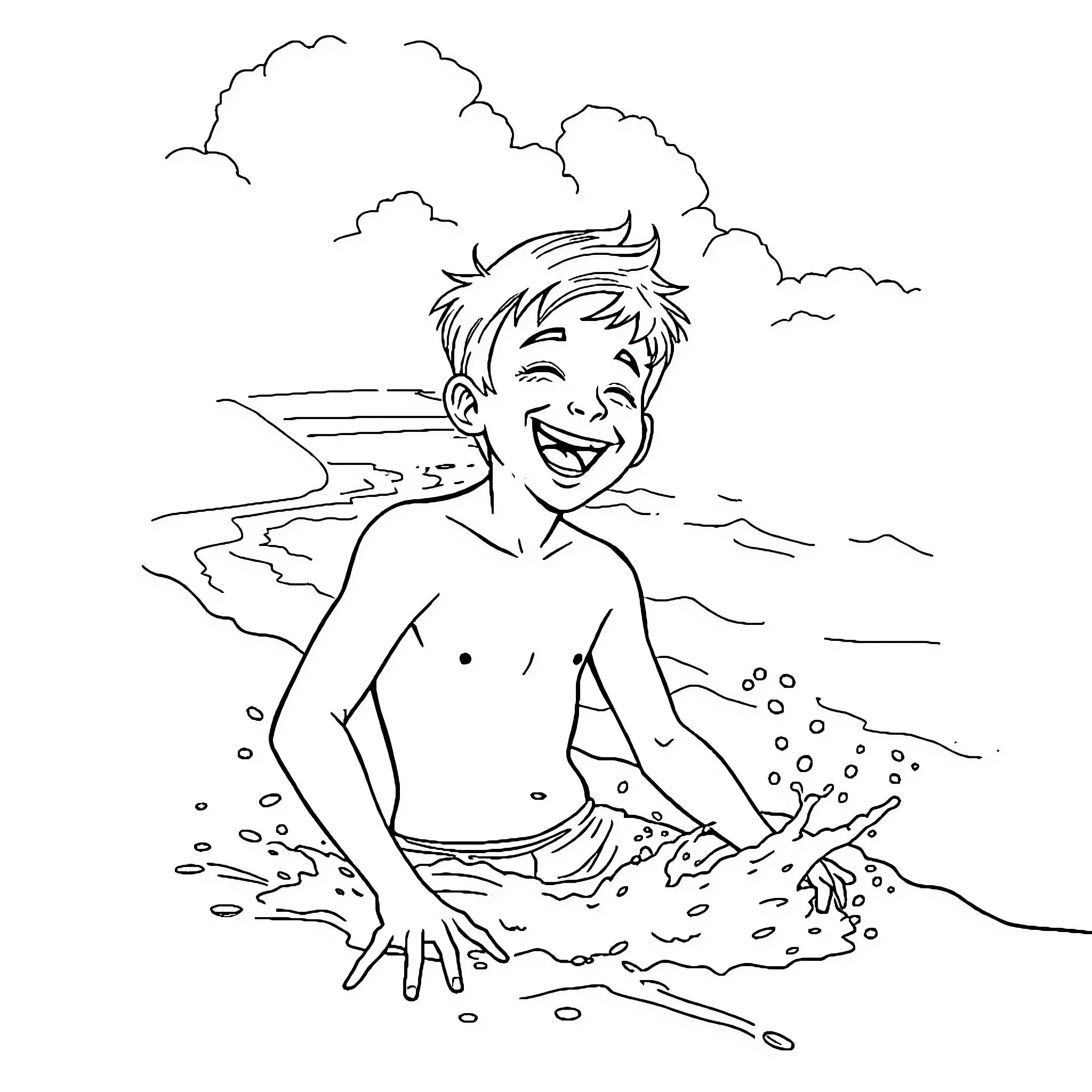 Boy happily playing in the waves Coloring Page (free black-and-white line drawing printable PDF for all, from beginners to advanced learners, including children, teens, adults, and seniors)
