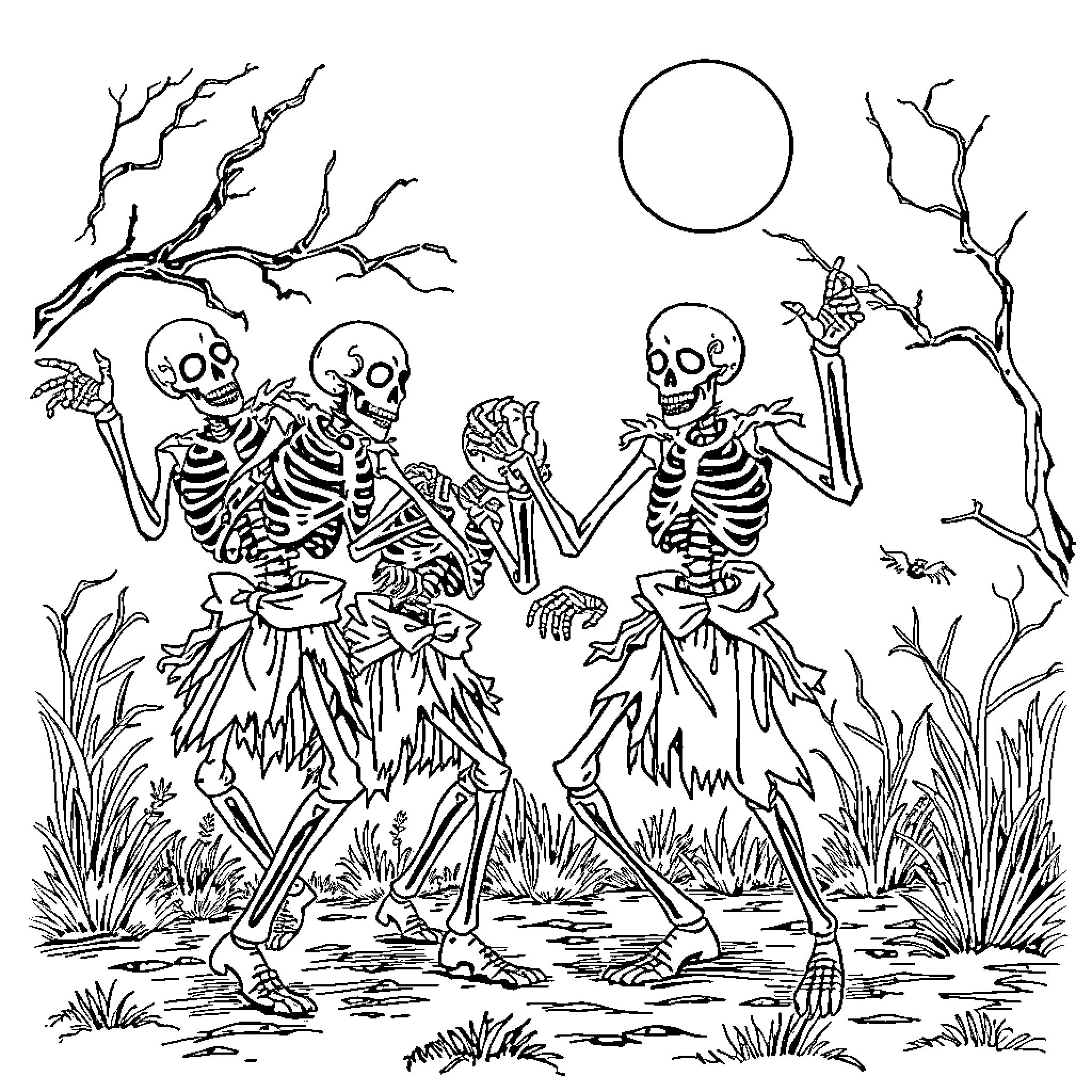 Skeleton friends gathering in the moonlit forest Coloring Page (free black-and-white line drawing printable PDF for all, from beginners to advanced learners, including children, teens, adults, and seniors)