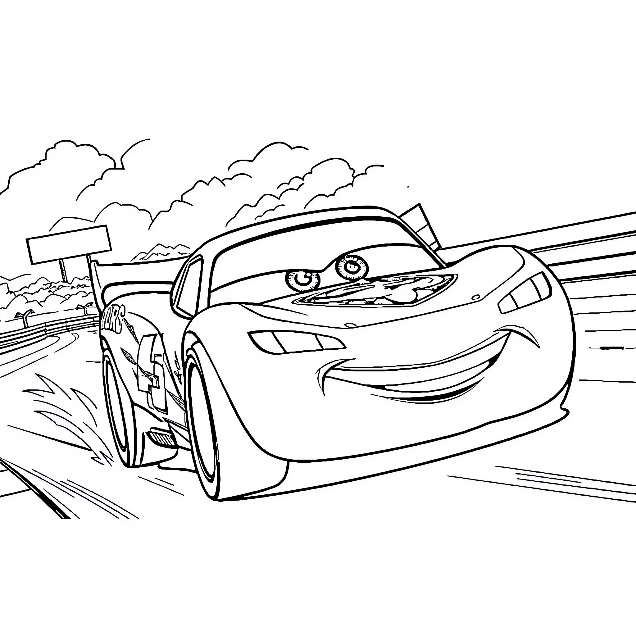 Lightning McQueen racing on the highway Coloring Page (free black-and-white line drawing printable PDF for all, from beginners to advanced learners, including children, teens, adults, and seniors)