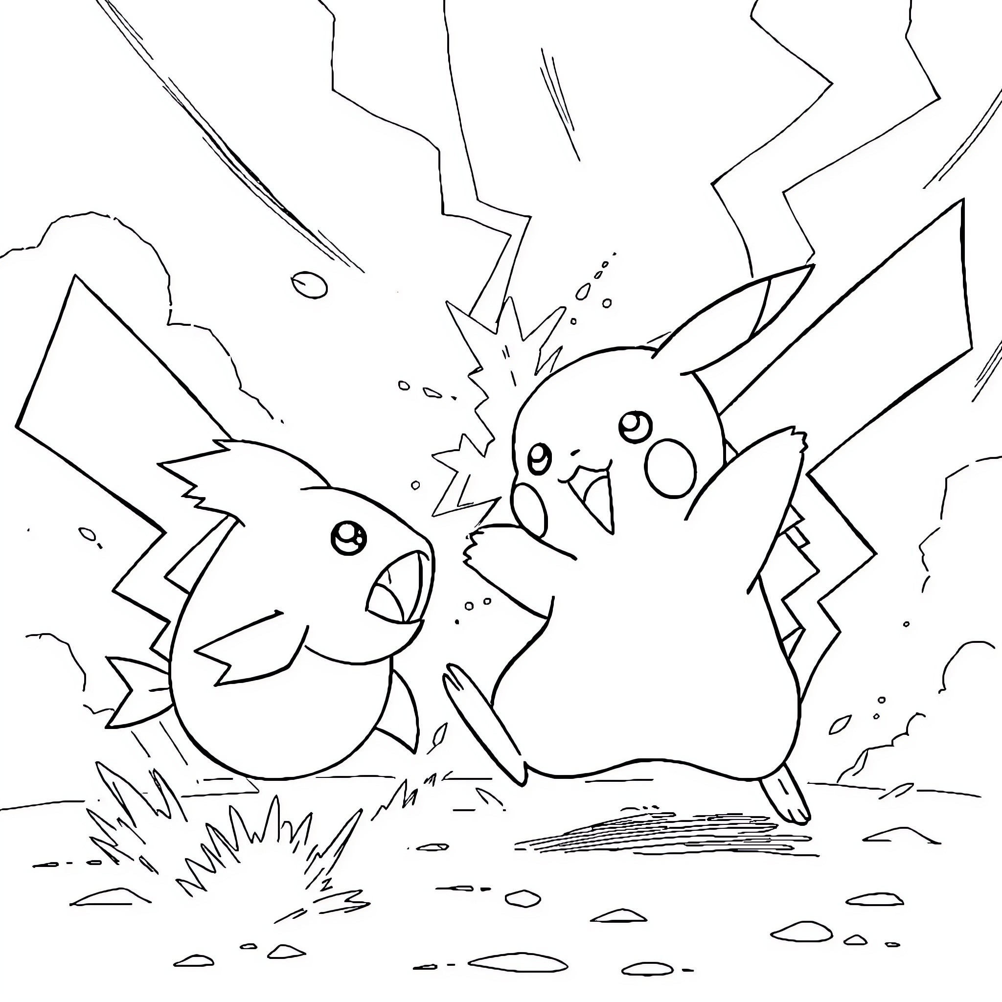 Pikachu enjoying a lively adventure Coloring Page (free black-and-white line drawing printable PDF for all, from beginners to advanced learners, including children, teens, adults, and seniors)