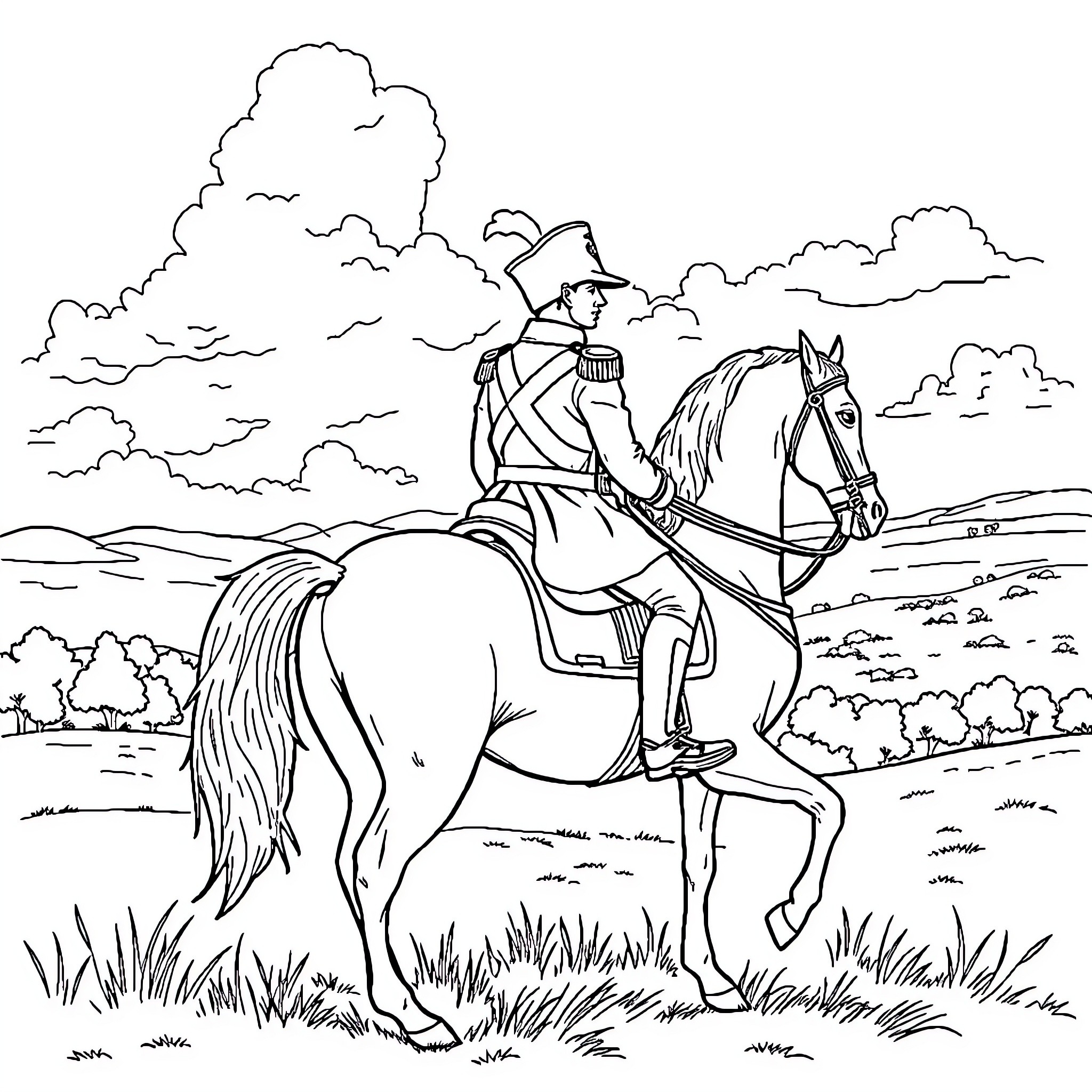 Napoleon Riding Majestically on a Horse in a Landscape Coloring Page (free black-and-white line drawing printable PDF for all, from beginners to advanced learners, including children, teens, adults, and seniors)
